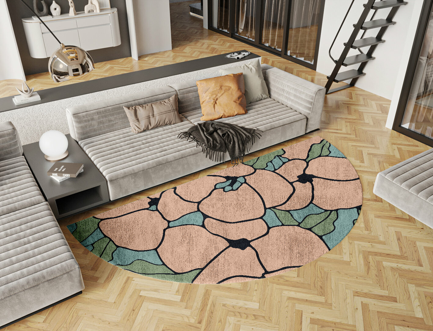 Anemone Field of Flowers Halfmoon Hand Knotted Bamboo Silk Custom Rug by Rug Artisan