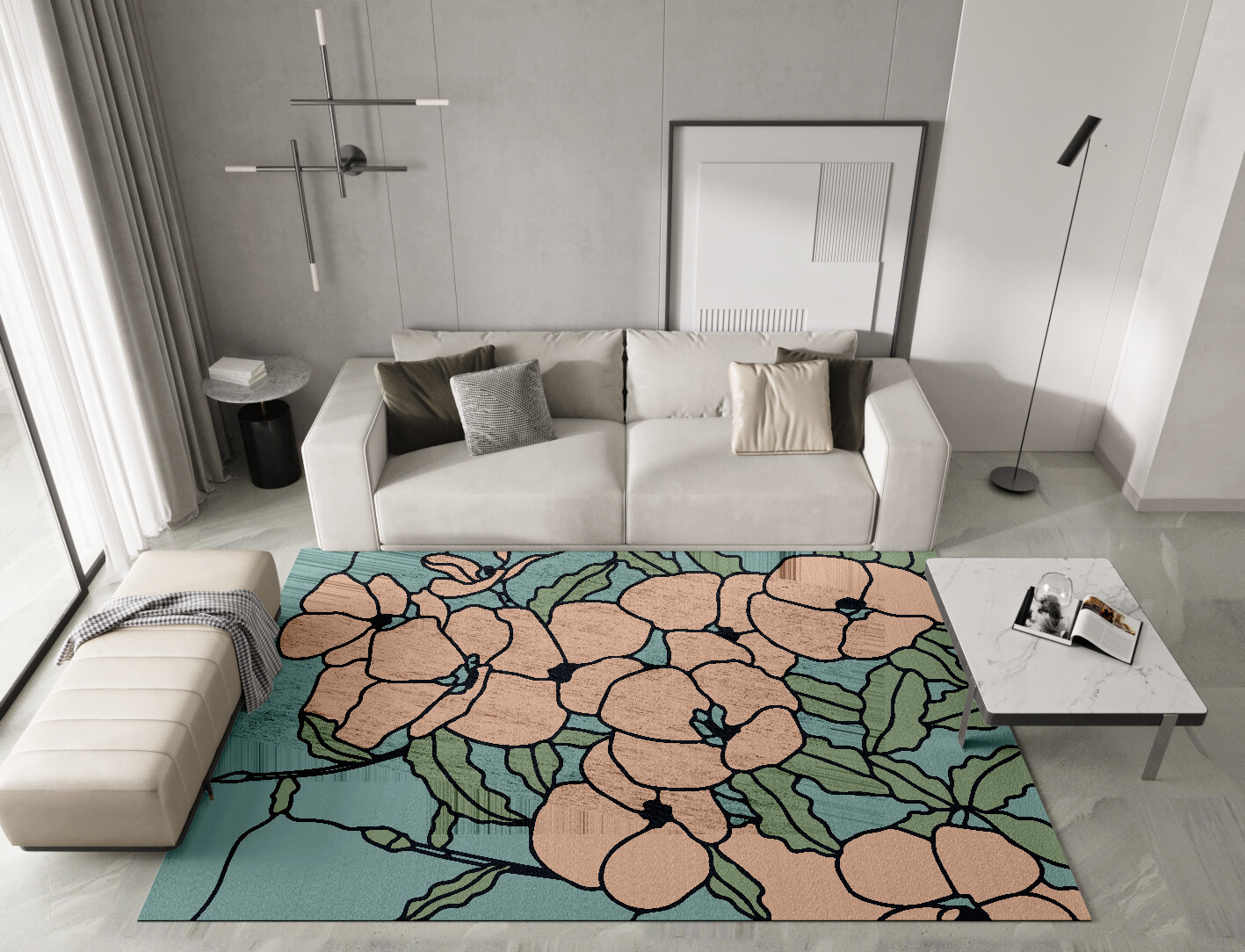 Anemone Field of Flowers Rectangle Hand Knotted Bamboo Silk Custom Rug by Rug Artisan
