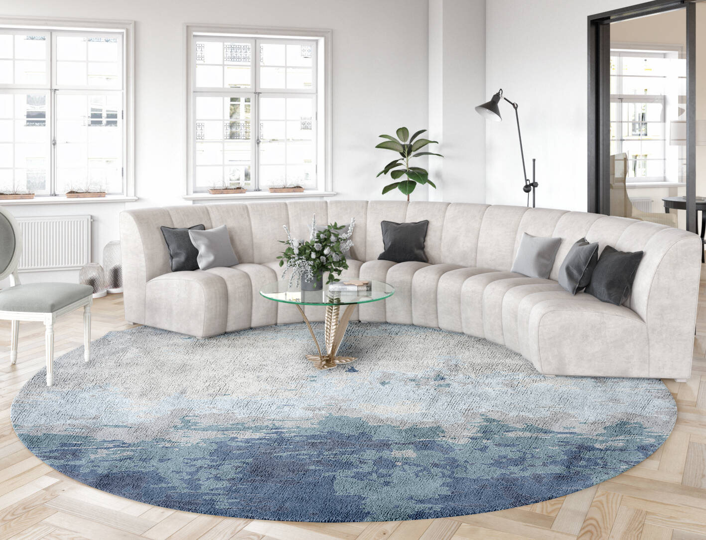Anomaly Cerulean Round Hand Tufted Bamboo Silk Custom Rug by Rug Artisan