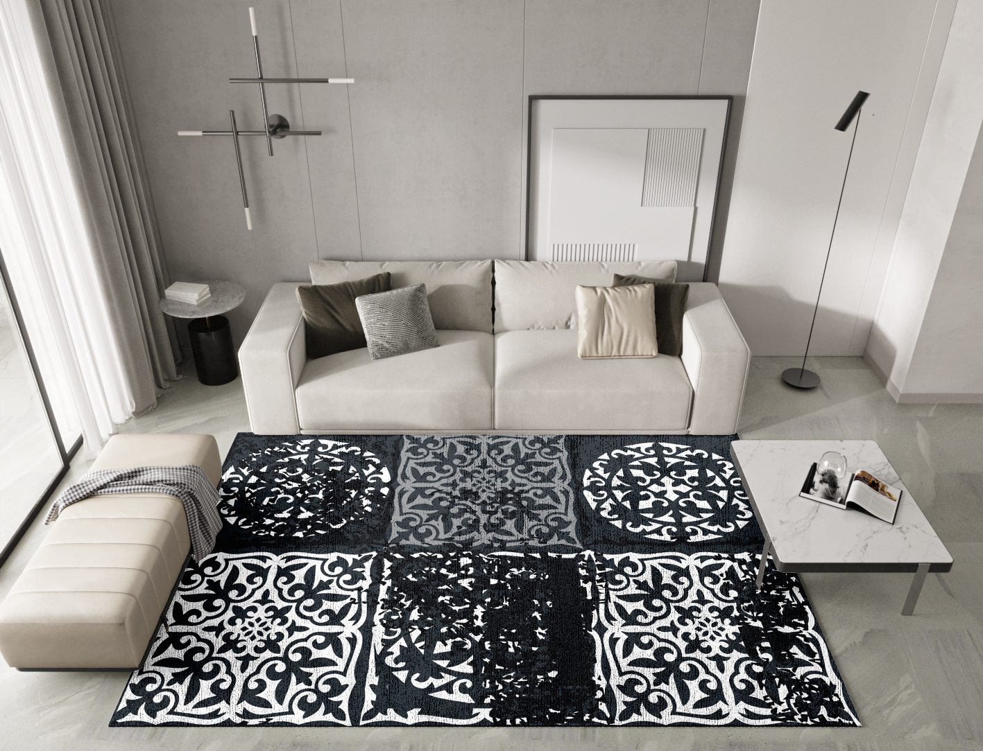 Ashen Matrice Monochrome Rectangle Hand Knotted Bamboo Silk Custom Rug by Rug Artisan