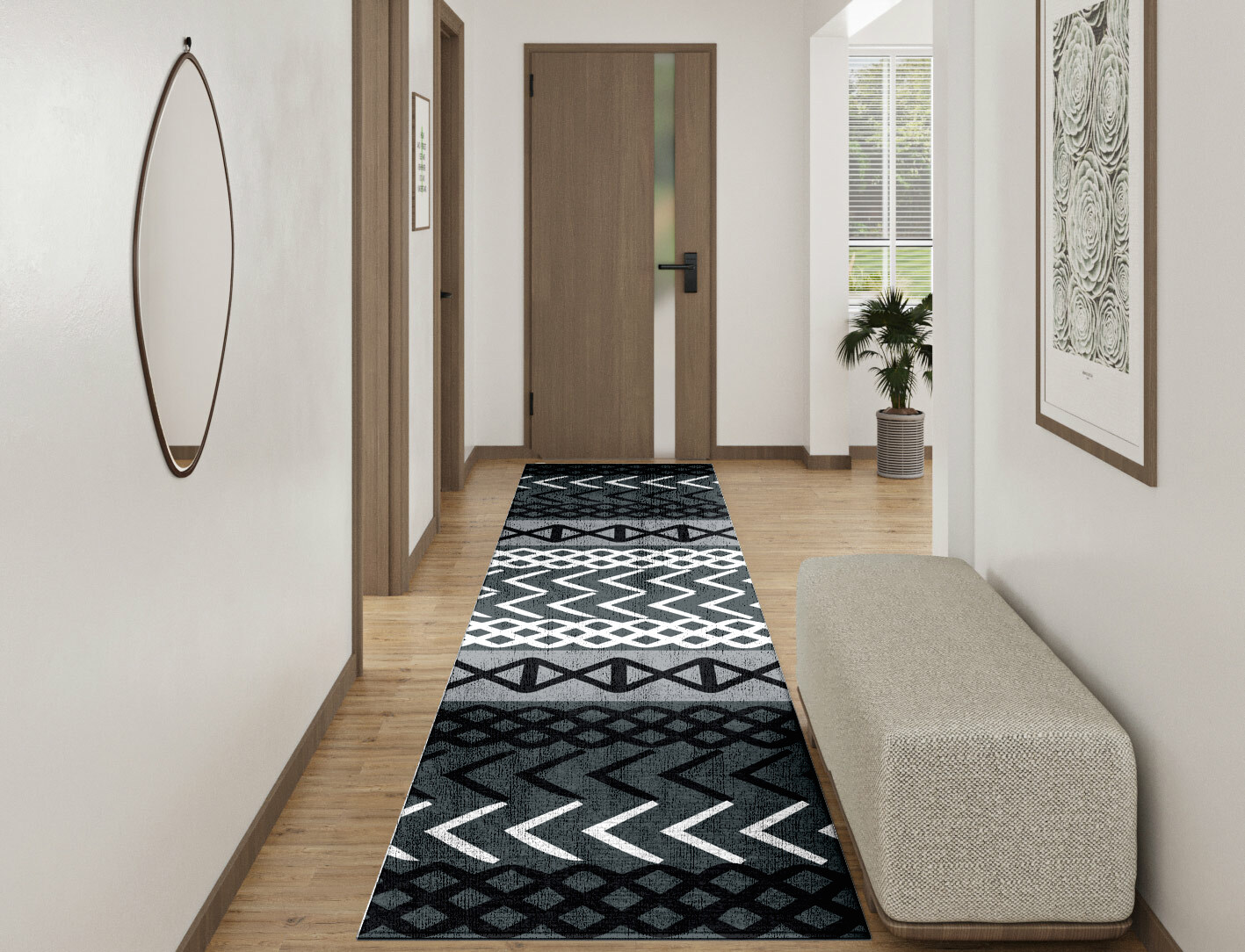Aztec Greys Monochrome Runner Hand Knotted Bamboo Silk Custom Rug by Rug Artisan