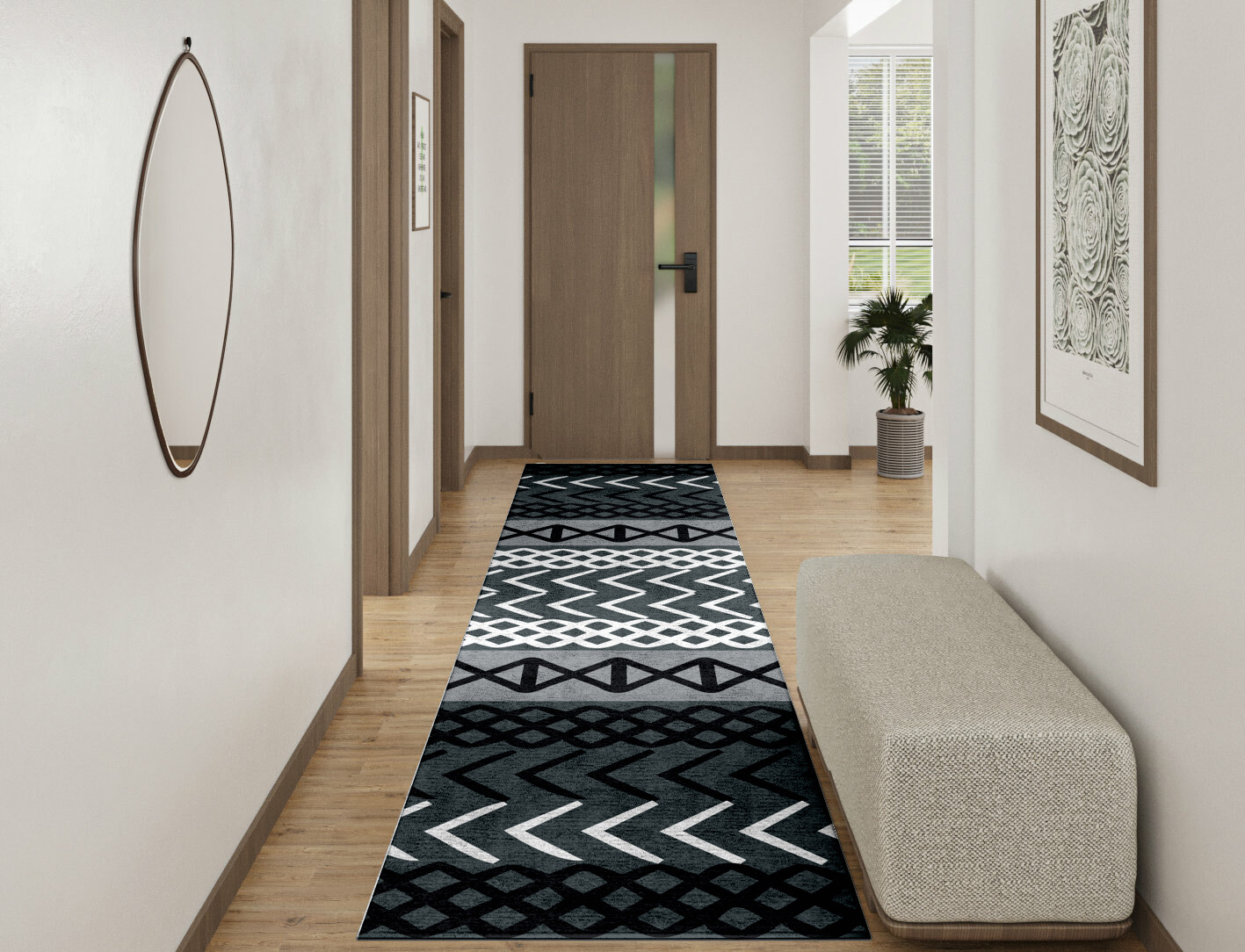 Aztec Greys Monochrome Runner Hand Tufted Bamboo Silk Custom Rug by Rug Artisan