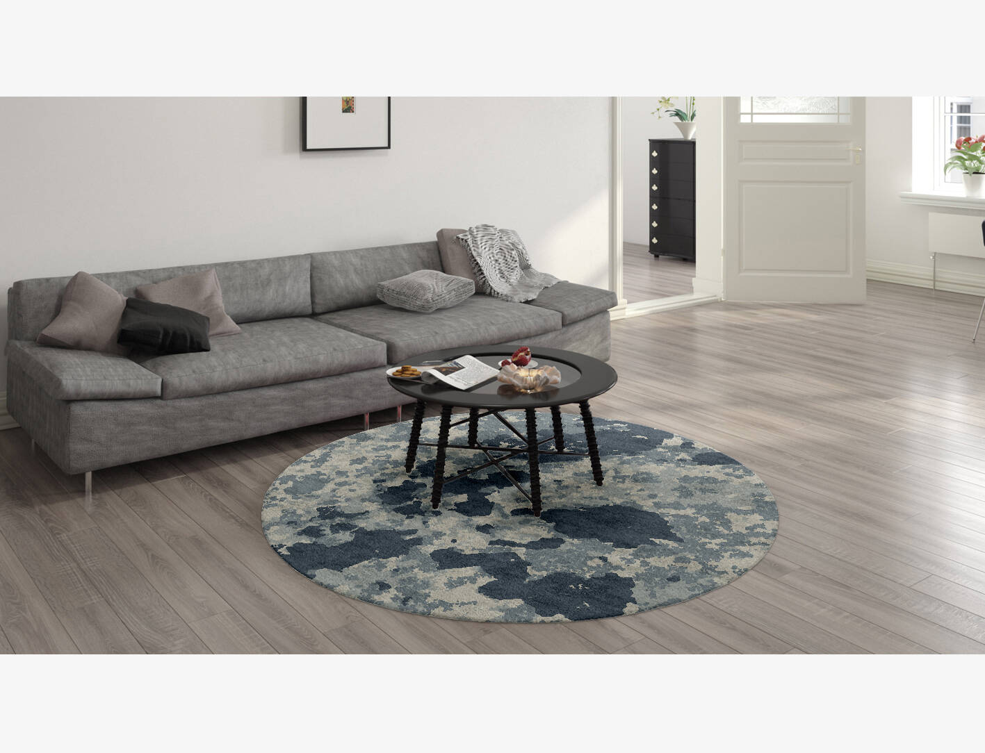 Black Hole Brush Strokes Round Hand Knotted Bamboo Silk Custom Rug by Rug Artisan