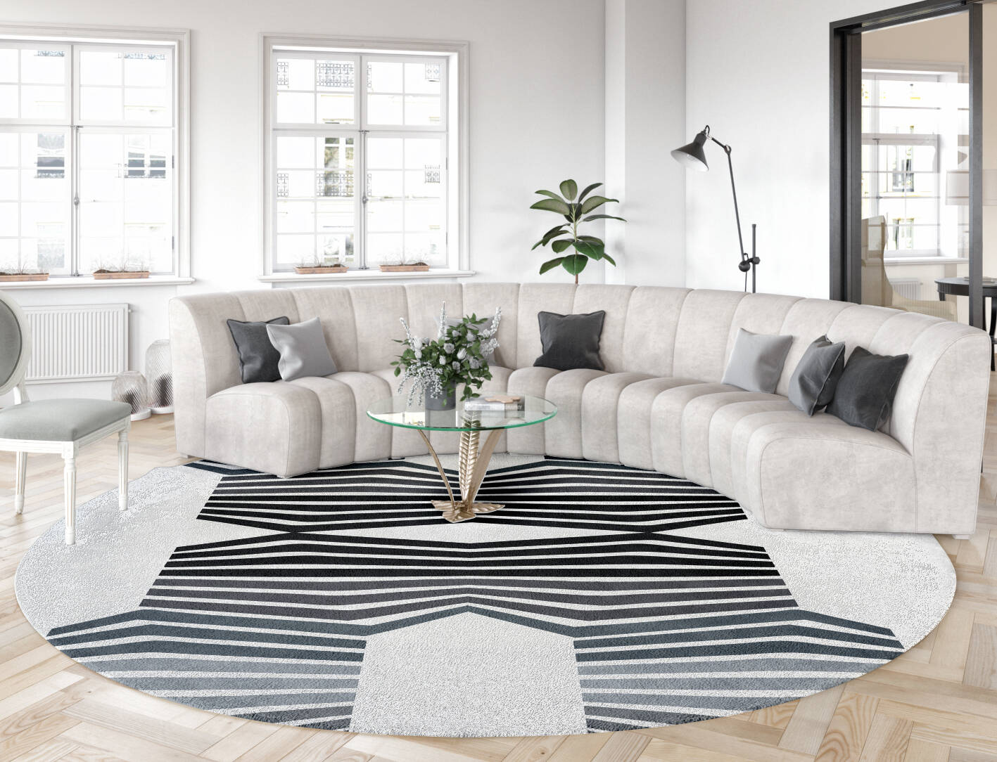 Bland Bands Monochrome Round Hand Tufted Pure Wool Custom Rug by Rug Artisan