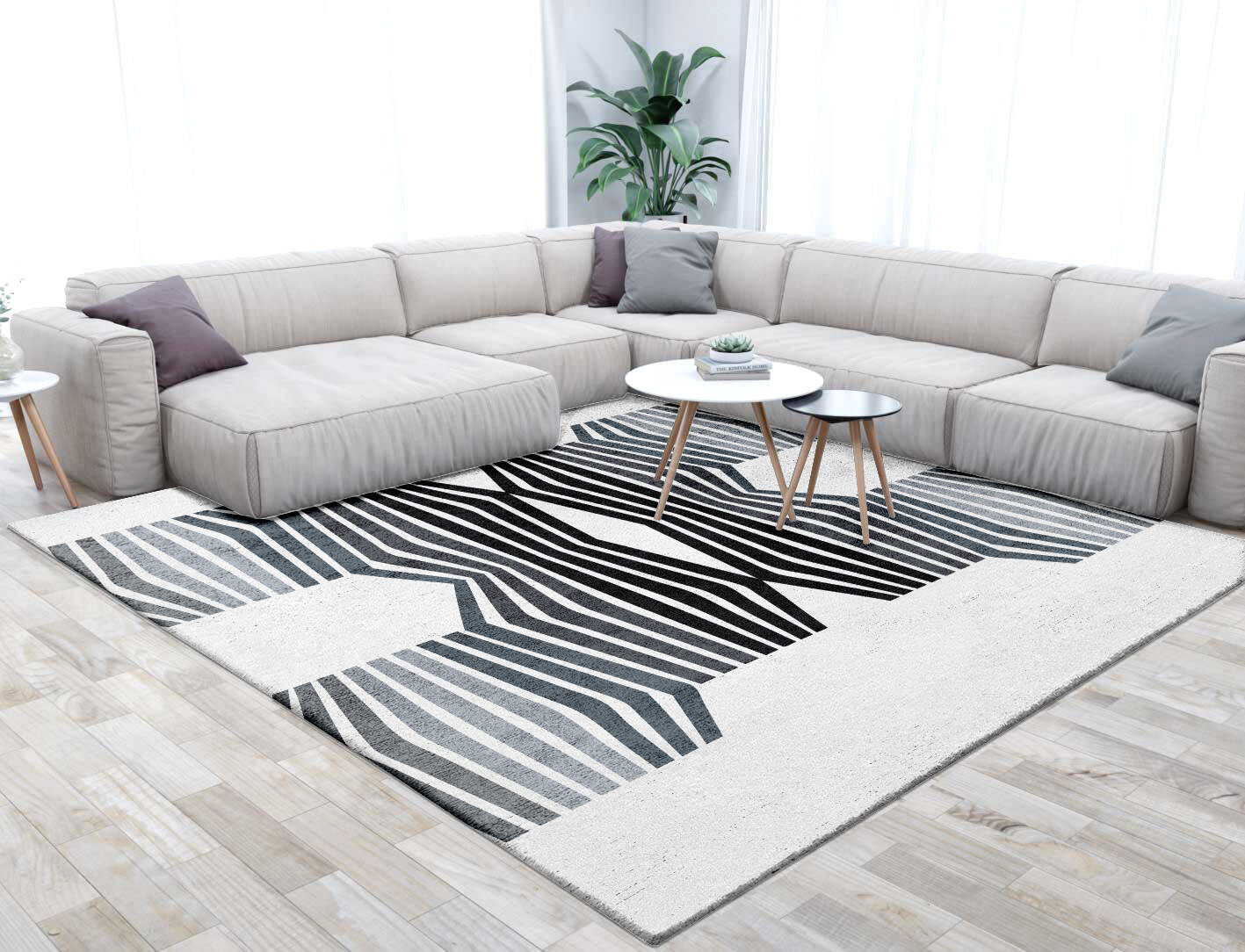 Bland Bands Monochrome Square Hand Tufted Bamboo Silk Custom Rug by Rug Artisan