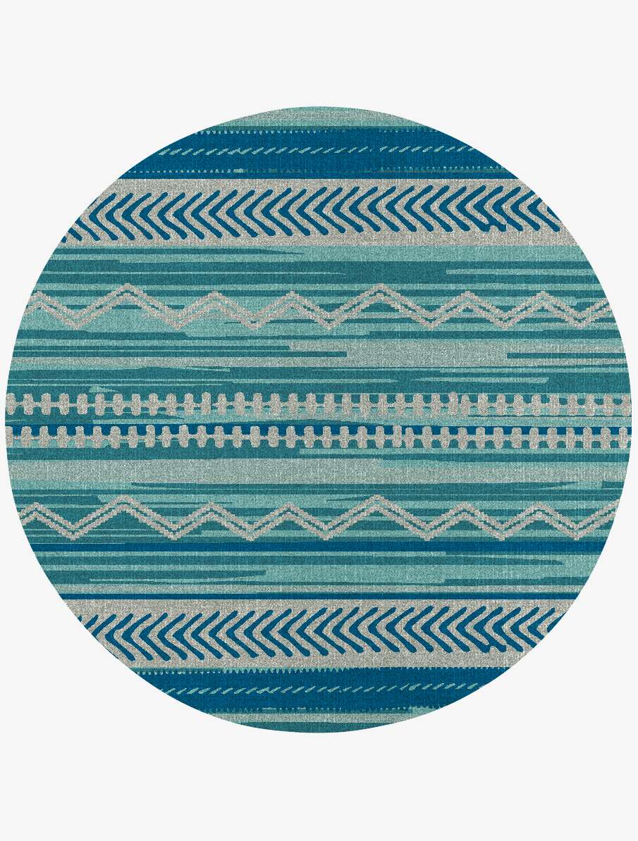 Blue Rays Flatweaves Round Outdoor Recycled Yarn Custom Rug by Rug Artisan