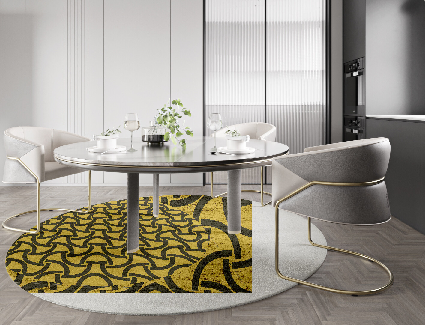Concave Geometric Round Hand Knotted Bamboo Silk Custom Rug by Rug Artisan