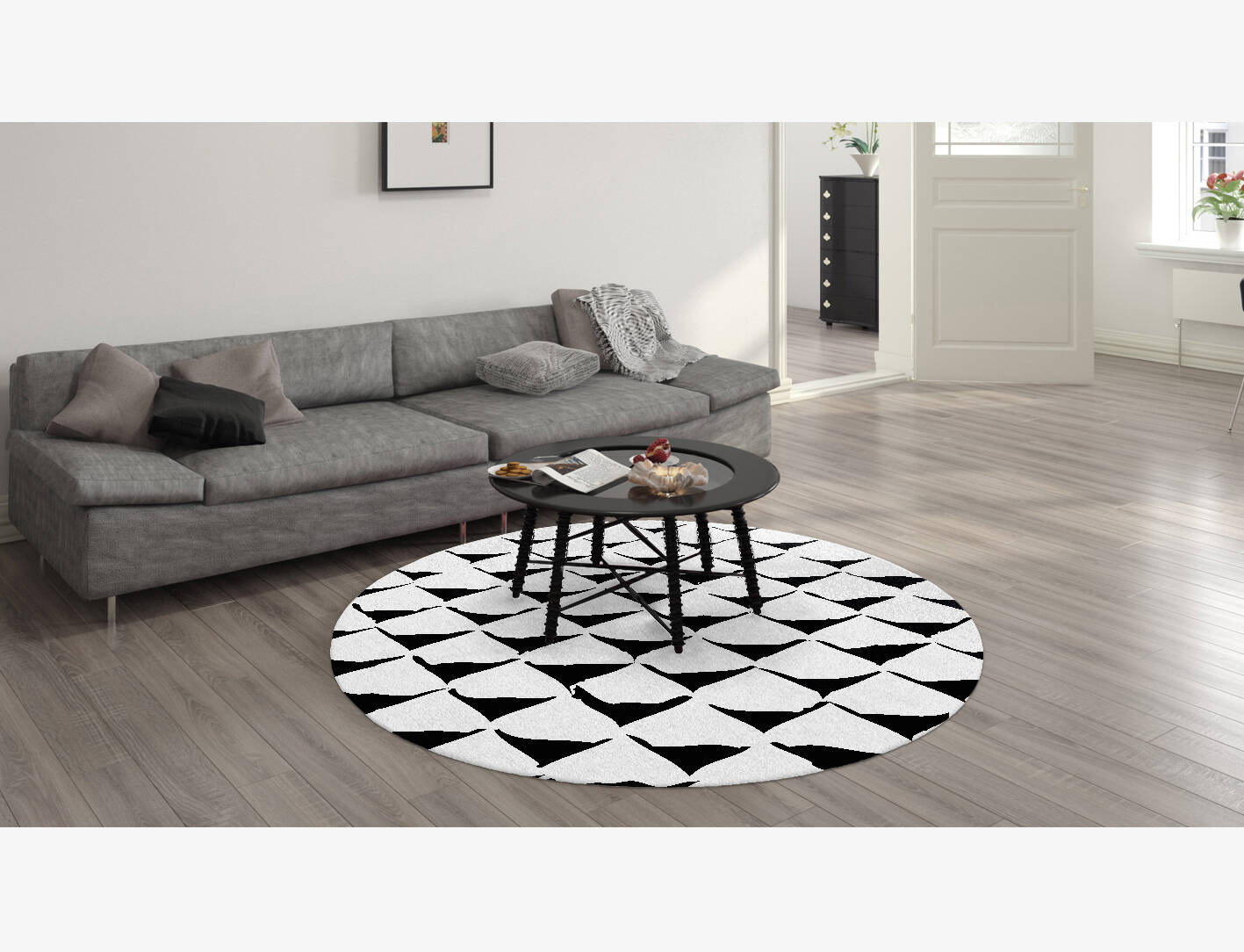 Covey Black Monochrome Round Hand Knotted Bamboo Silk Custom Rug by Rug Artisan