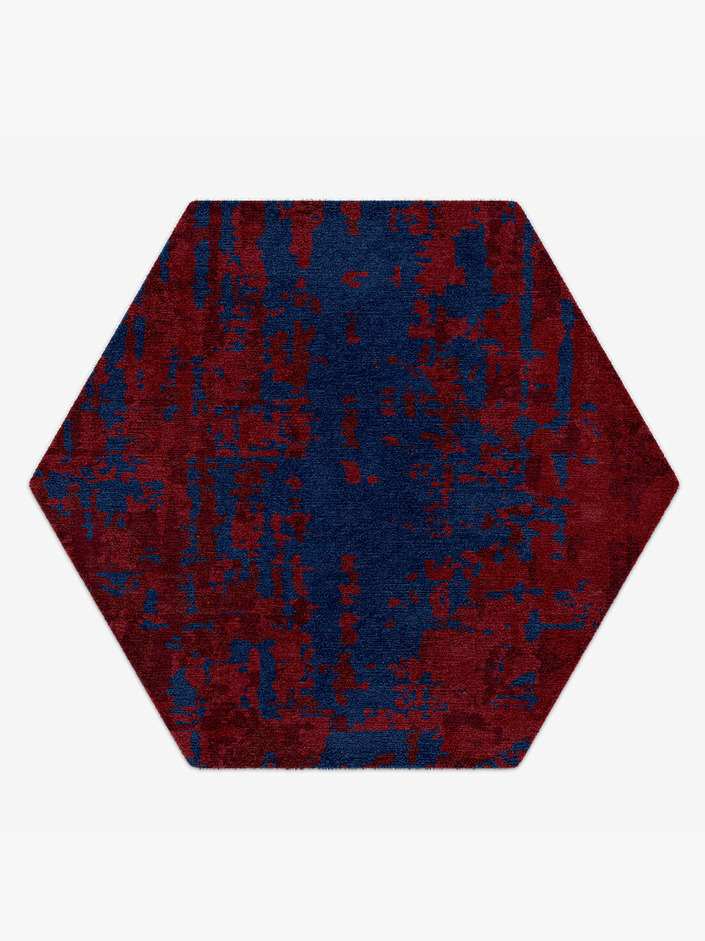 Crimson Blues Surface Art Hexagon Hand Knotted Tibetan Wool Custom Rug by Rug Artisan