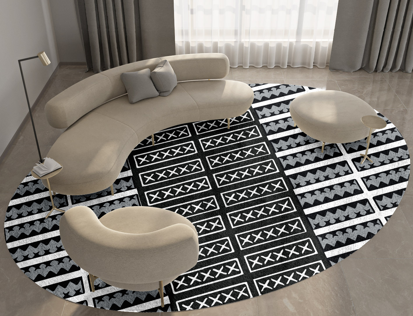 Crosses Monochrome Oval Hand Knotted Bamboo Silk Custom Rug by Rug Artisan
