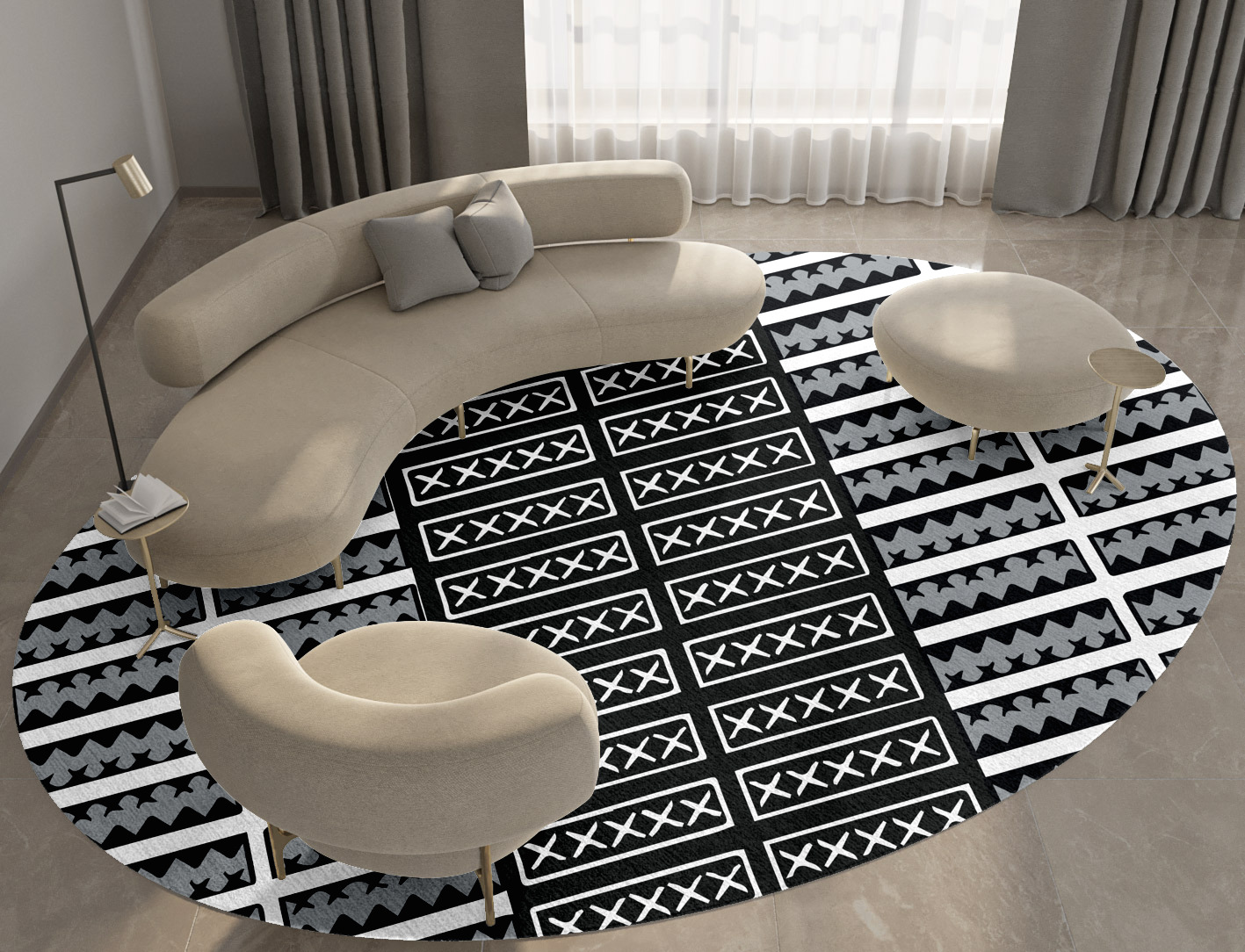Crosses Monochrome Oval Hand Knotted Tibetan Wool Custom Rug by Rug Artisan
