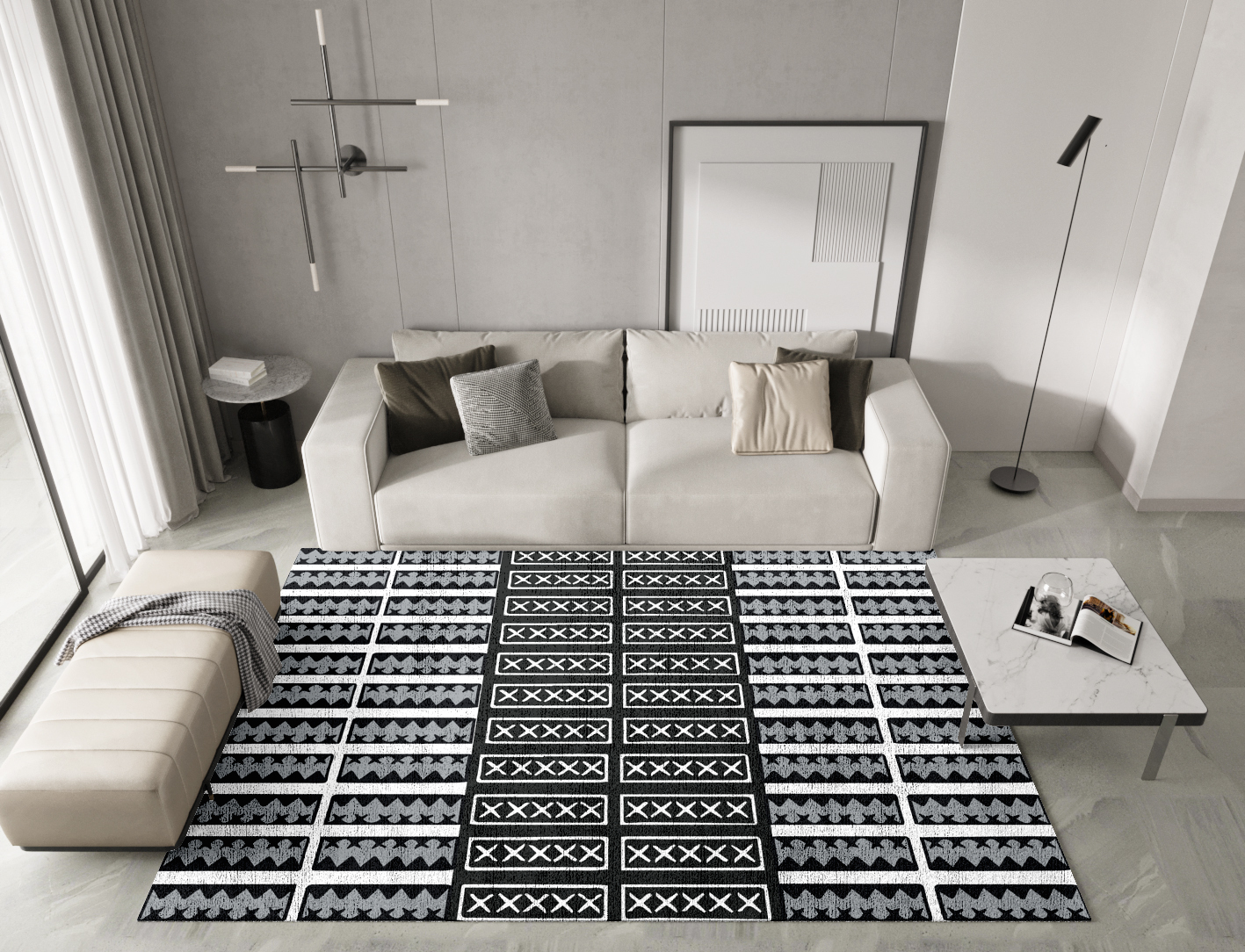 Crosses Monochrome Rectangle Hand Knotted Bamboo Silk Custom Rug by Rug Artisan