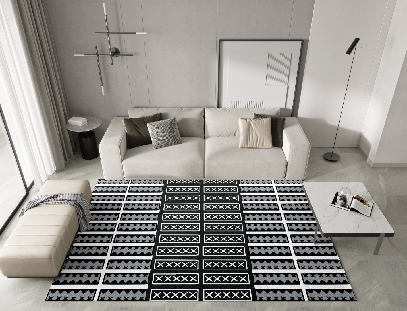 Crosses Monochrome Rectangle Hand Knotted Tibetan Wool Custom Rug by Rug Artisan