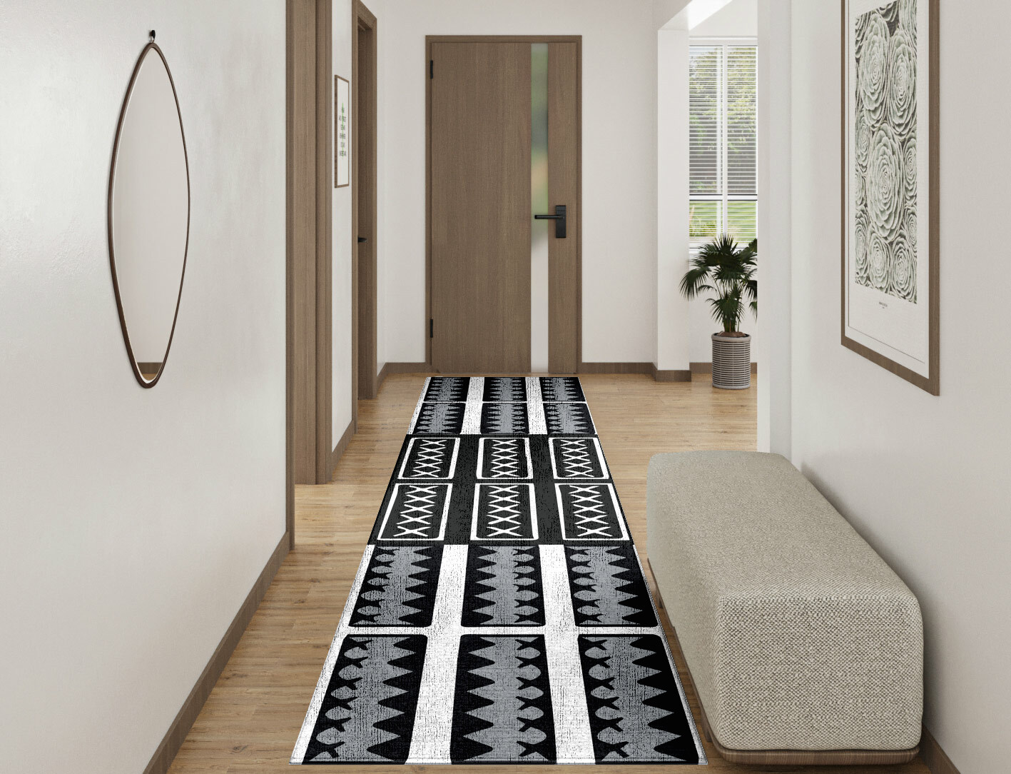 Crosses Monochrome Runner Hand Knotted Bamboo Silk Custom Rug by Rug Artisan