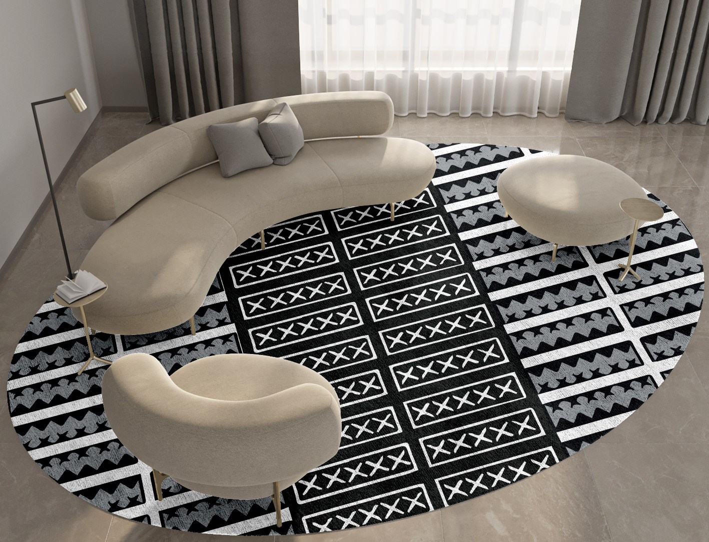 Crosses Monochrome Oval Hand Tufted Bamboo Silk Custom Rug by Rug Artisan