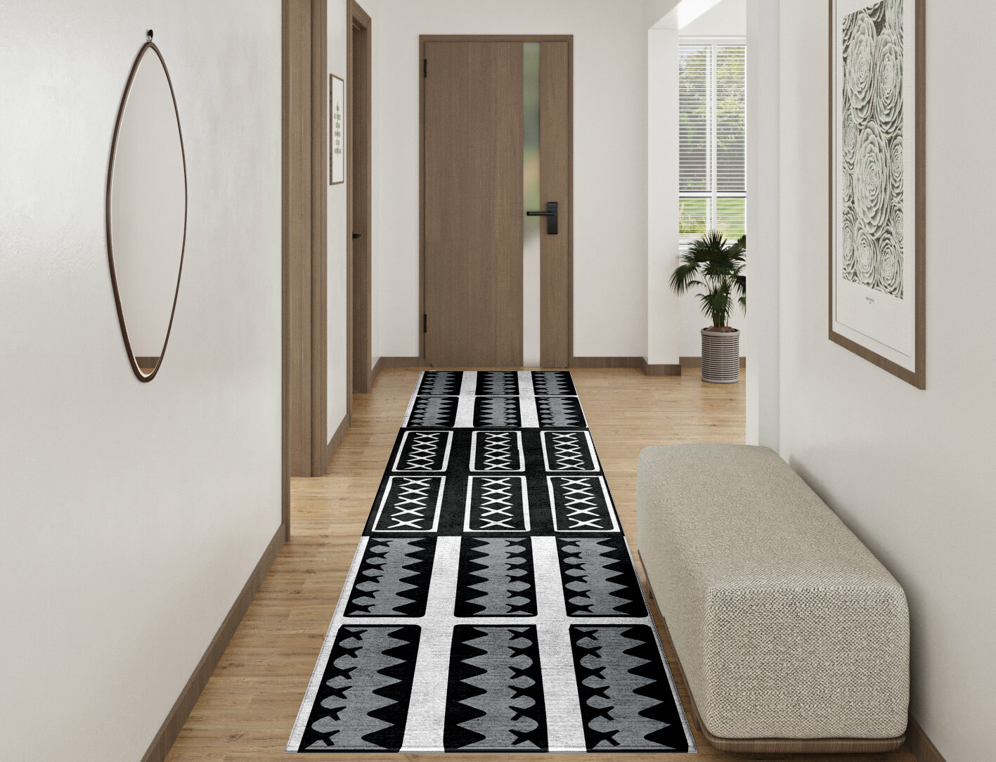 Crosses Monochrome Runner Hand Tufted Bamboo Silk Custom Rug by Rug Artisan