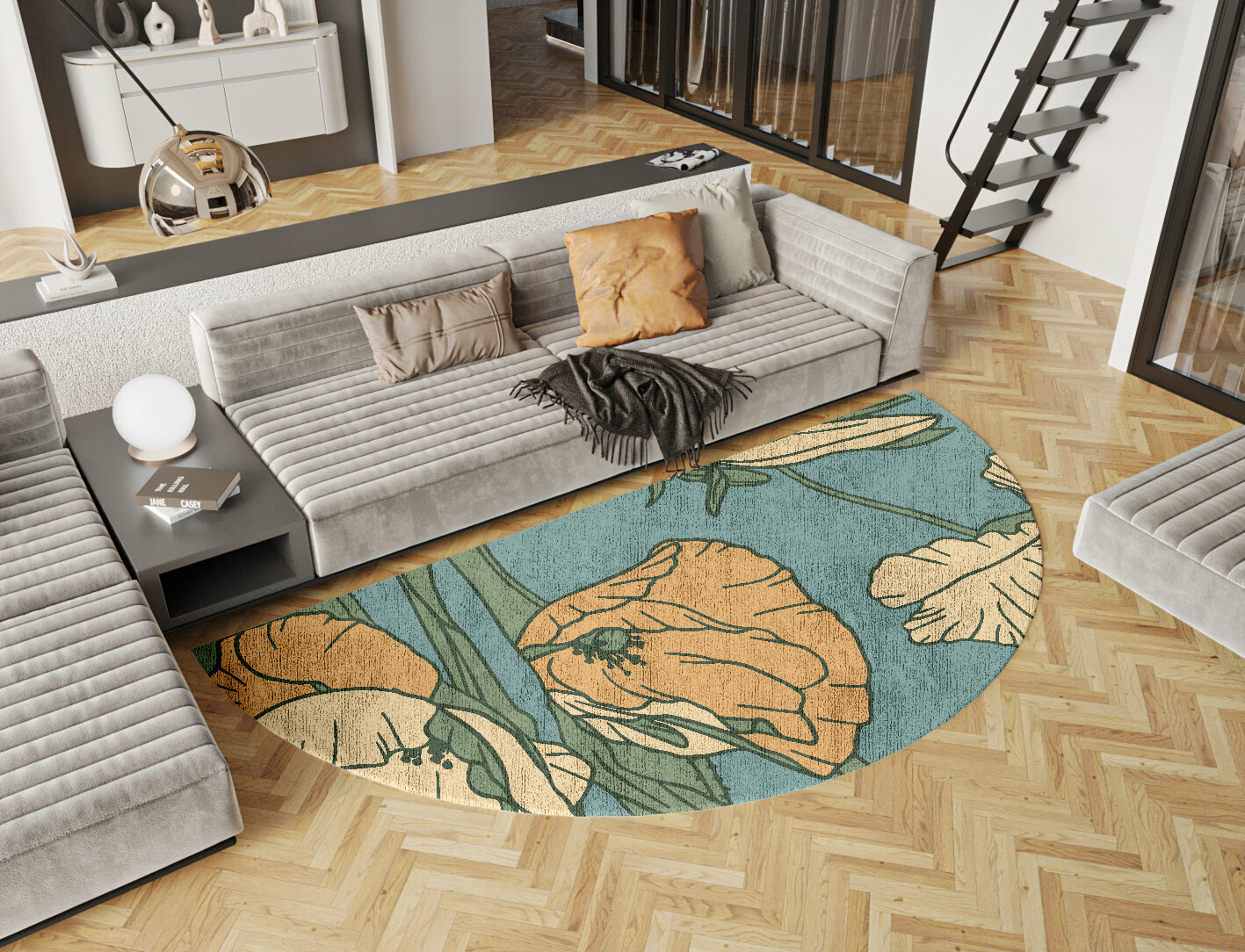 Day Lily Field of Flowers Halfmoon Hand Knotted Bamboo Silk Custom Rug by Rug Artisan
