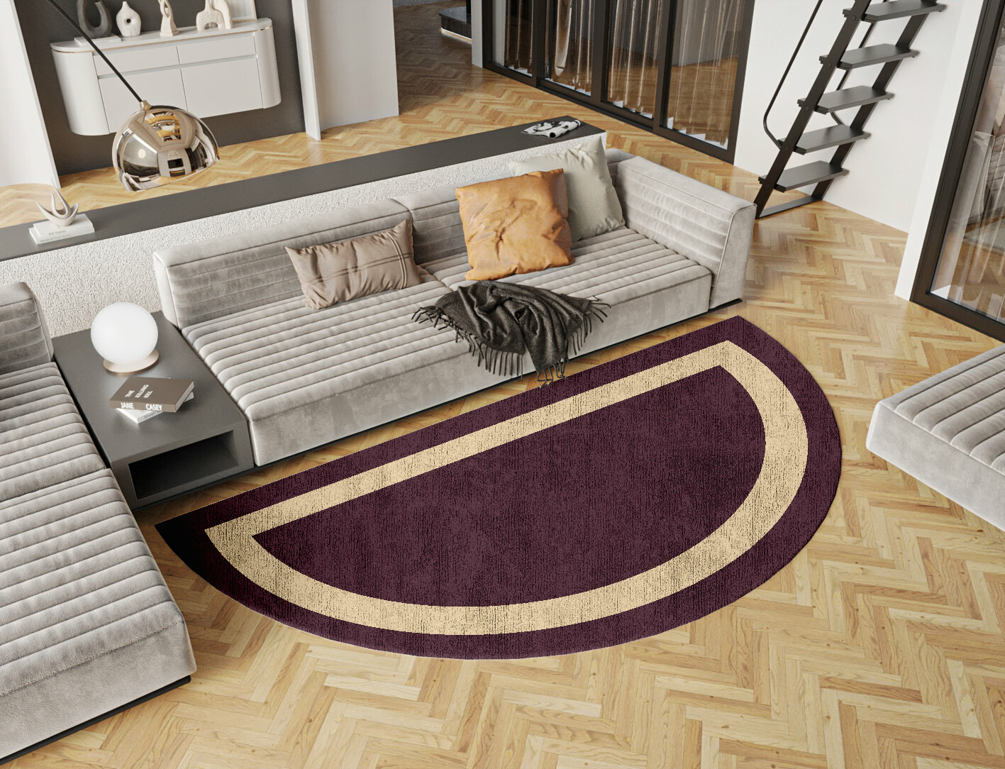 Double Border Geometric Halfmoon Hand Knotted Bamboo Silk Custom Rug by Rug Artisan