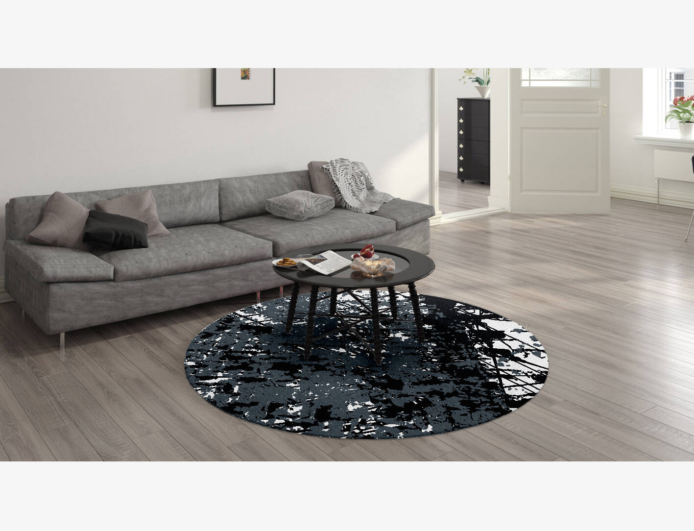 Flux Ions Monochrome Round Hand Knotted Tibetan Wool Custom Rug by Rug Artisan