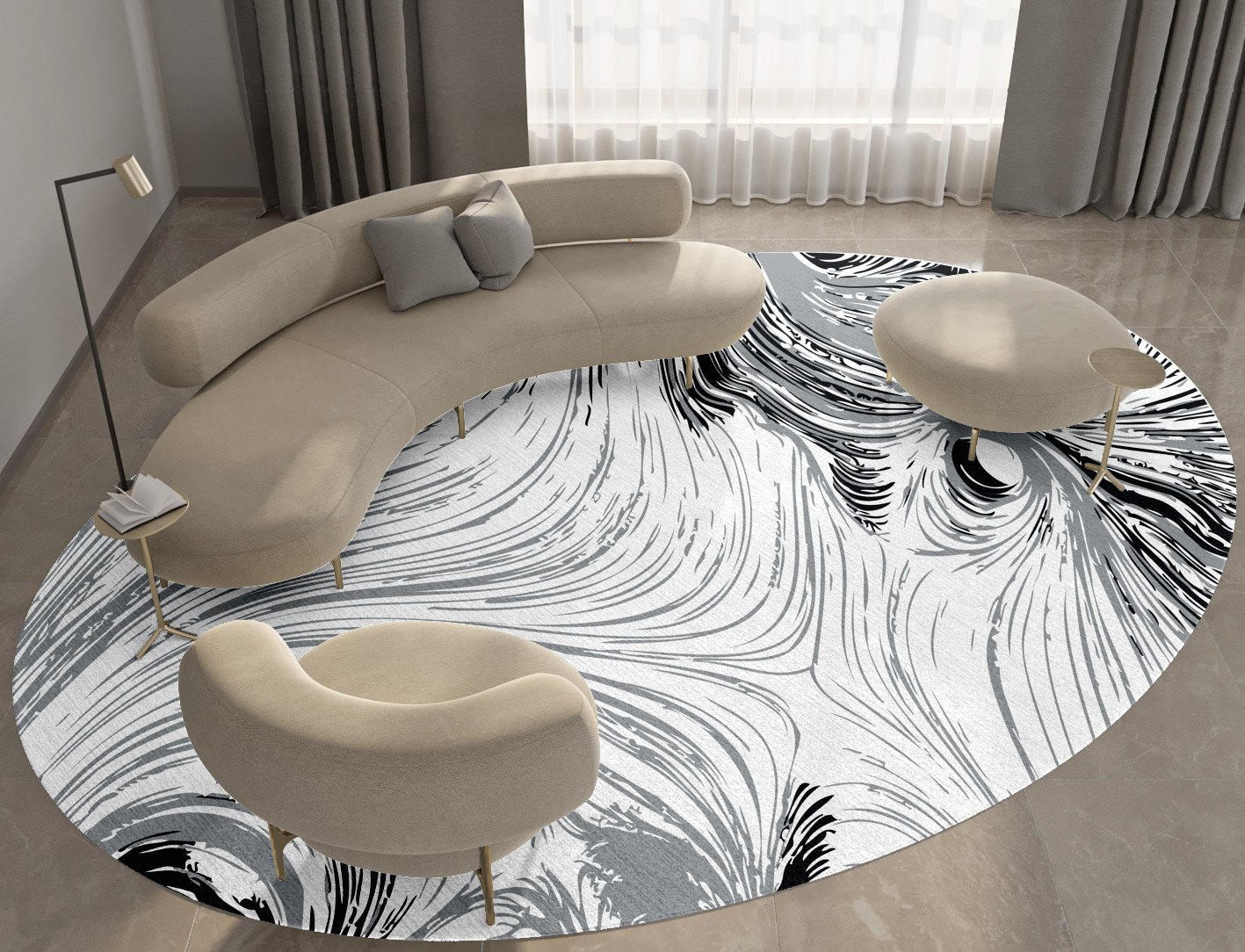 Gravity Lines Monochrome Oval Hand Knotted Tibetan Wool Custom Rug by Rug Artisan