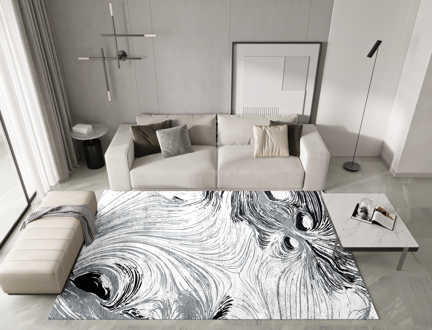 Gravity Lines Monochrome Rectangle Hand Knotted Bamboo Silk Custom Rug by Rug Artisan
