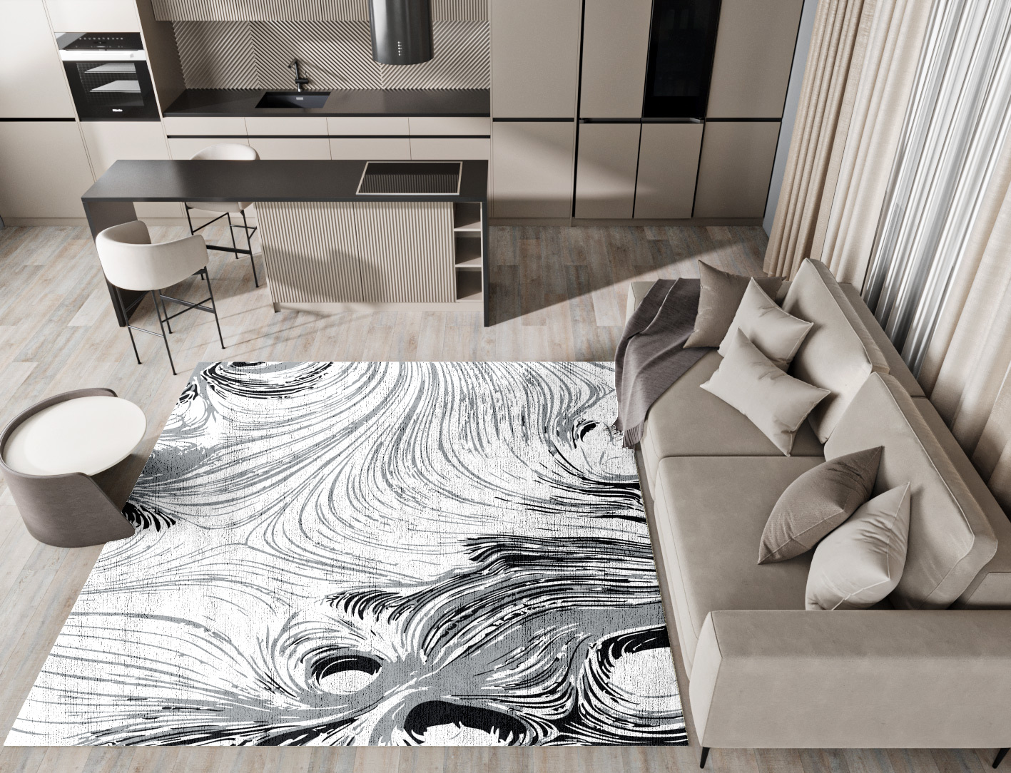 Gravity Lines Monochrome Square Hand Knotted Bamboo Silk Custom Rug by Rug Artisan