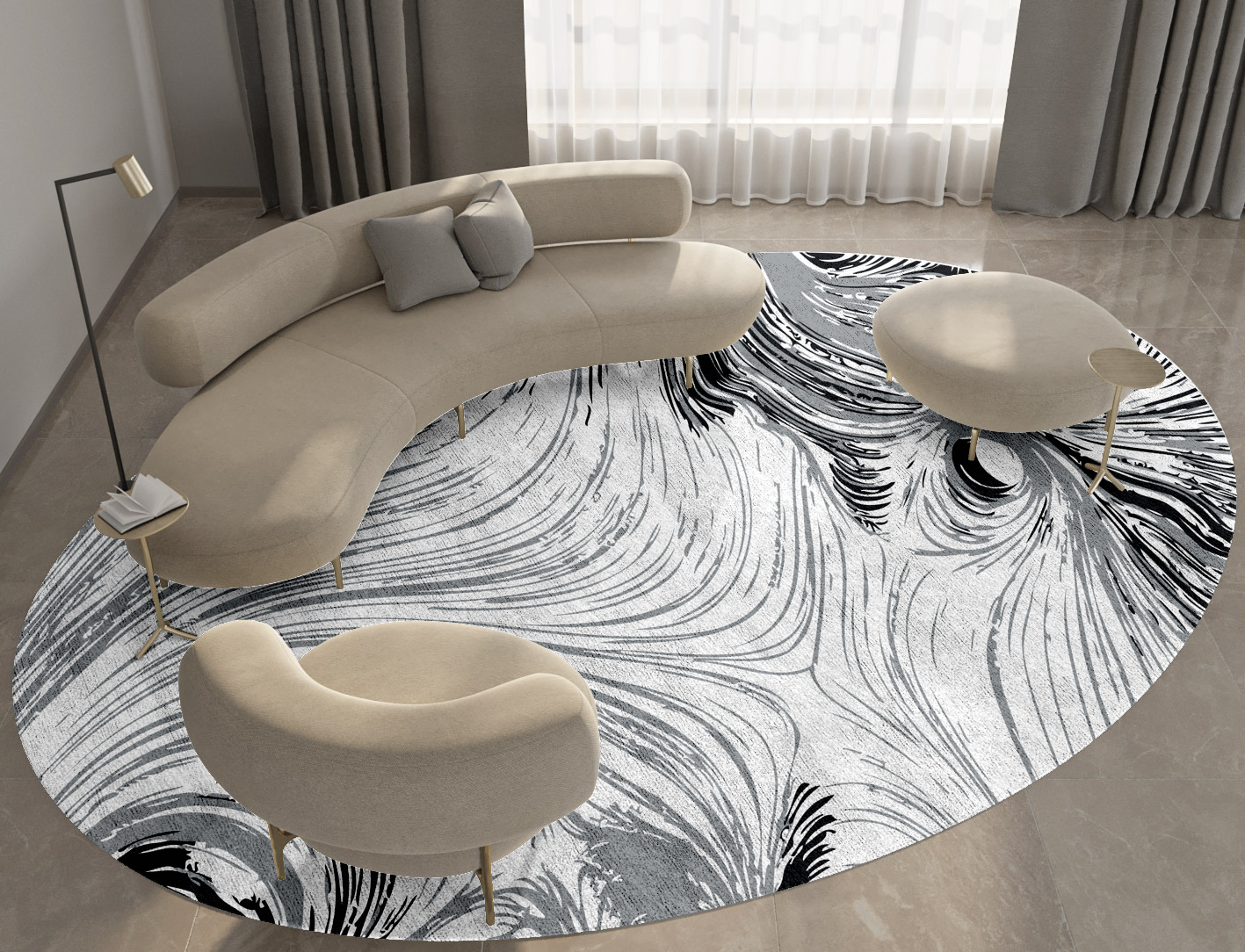 Gravity Lines Monochrome Oval Hand Tufted Bamboo Silk Custom Rug by Rug Artisan