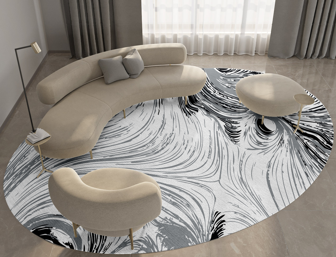 Gravity Lines Monochrome Oval Hand Tufted Pure Wool Custom Rug by Rug Artisan