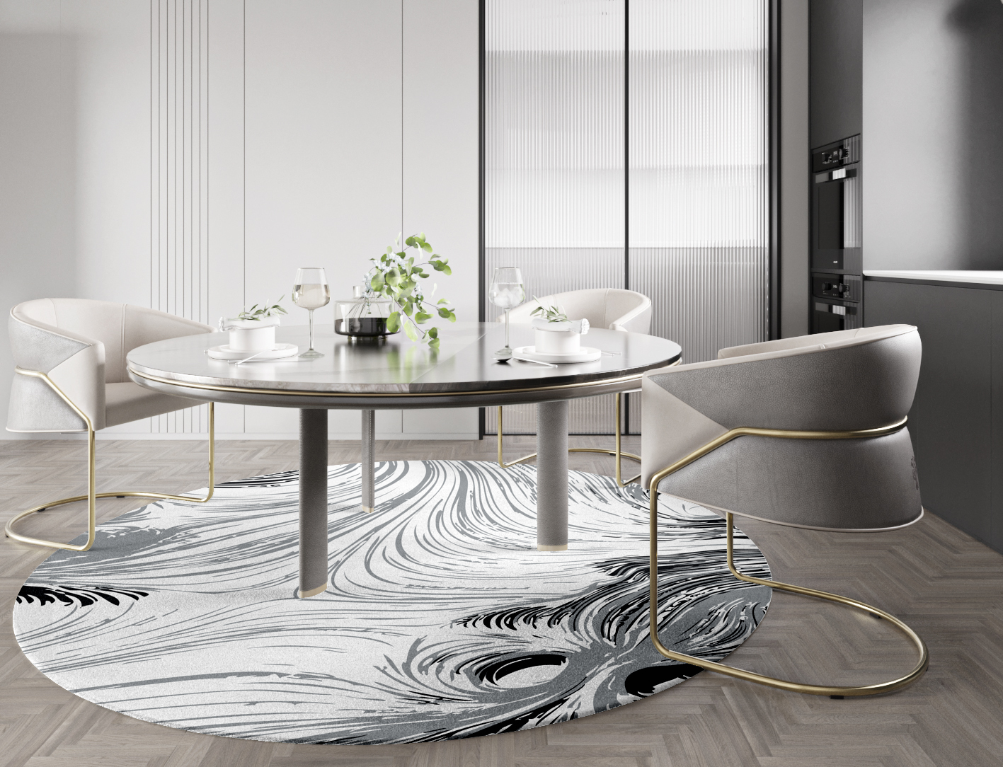 Gravity Lines Monochrome Round Hand Tufted Pure Wool Custom Rug by Rug Artisan