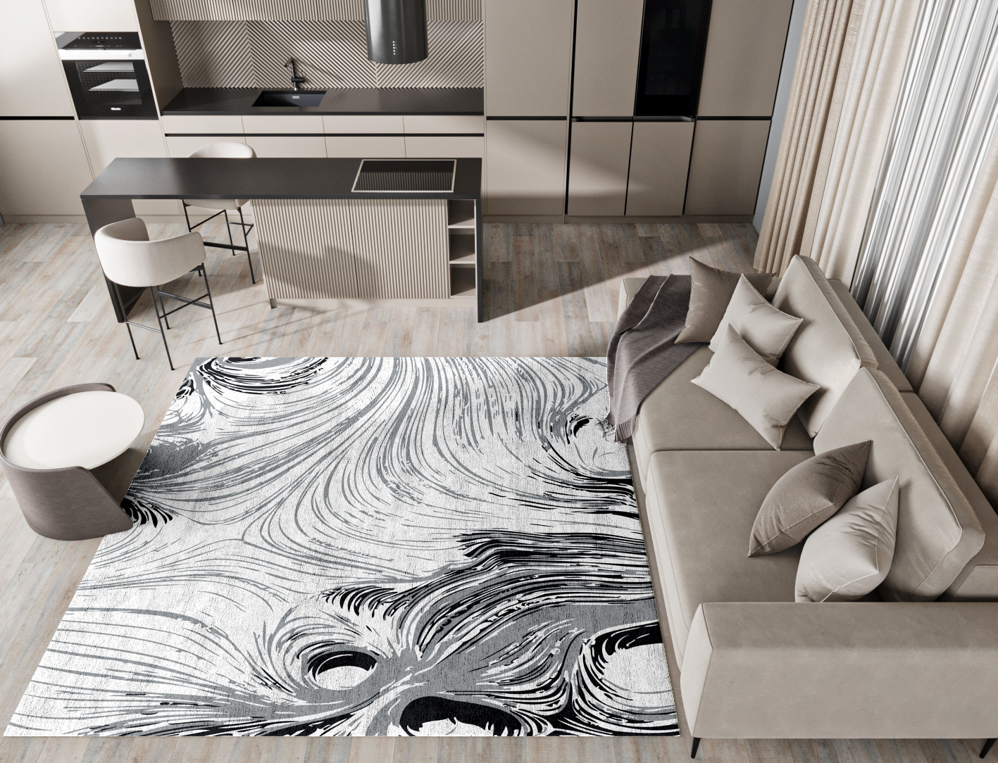 Gravity Lines Monochrome Square Hand Tufted Bamboo Silk Custom Rug by Rug Artisan