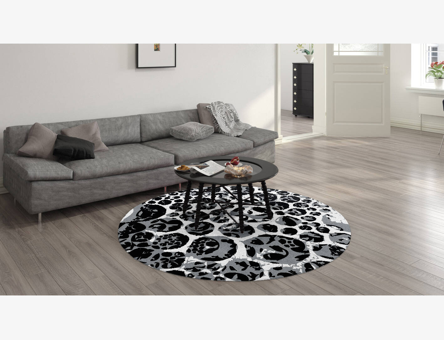 Grey Bubbles Monochrome Round Hand Knotted Tibetan Wool Custom Rug by Rug Artisan