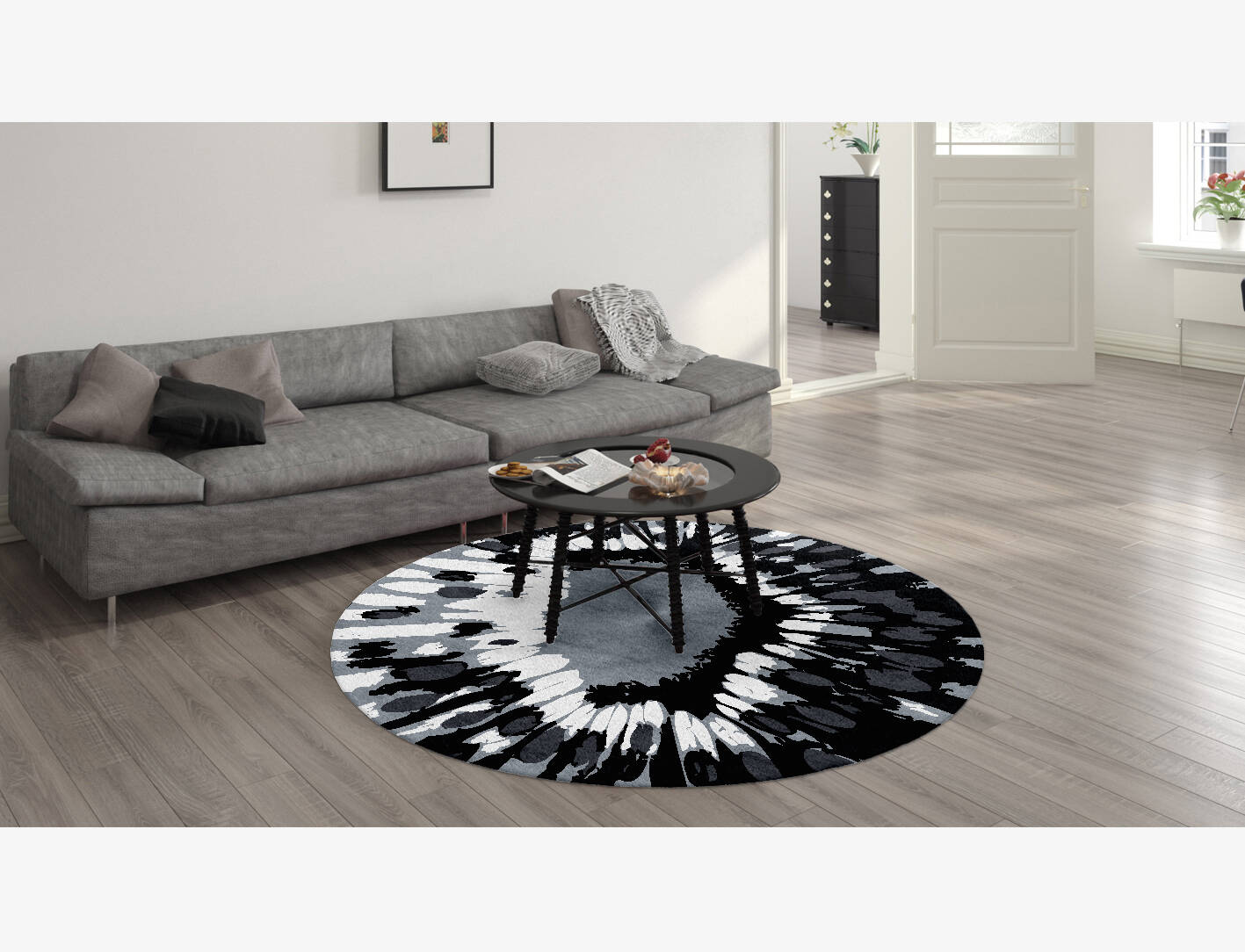 Grey Feather Monochrome Round Hand Knotted Bamboo Silk Custom Rug by Rug Artisan