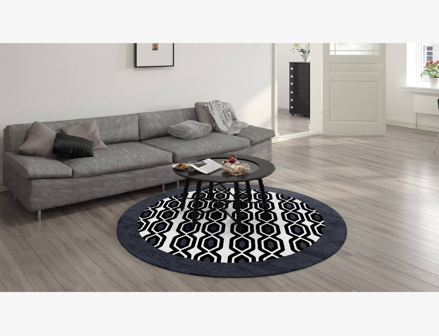 Grey Hive Monochrome Round Hand Knotted Bamboo Silk Custom Rug by Rug Artisan