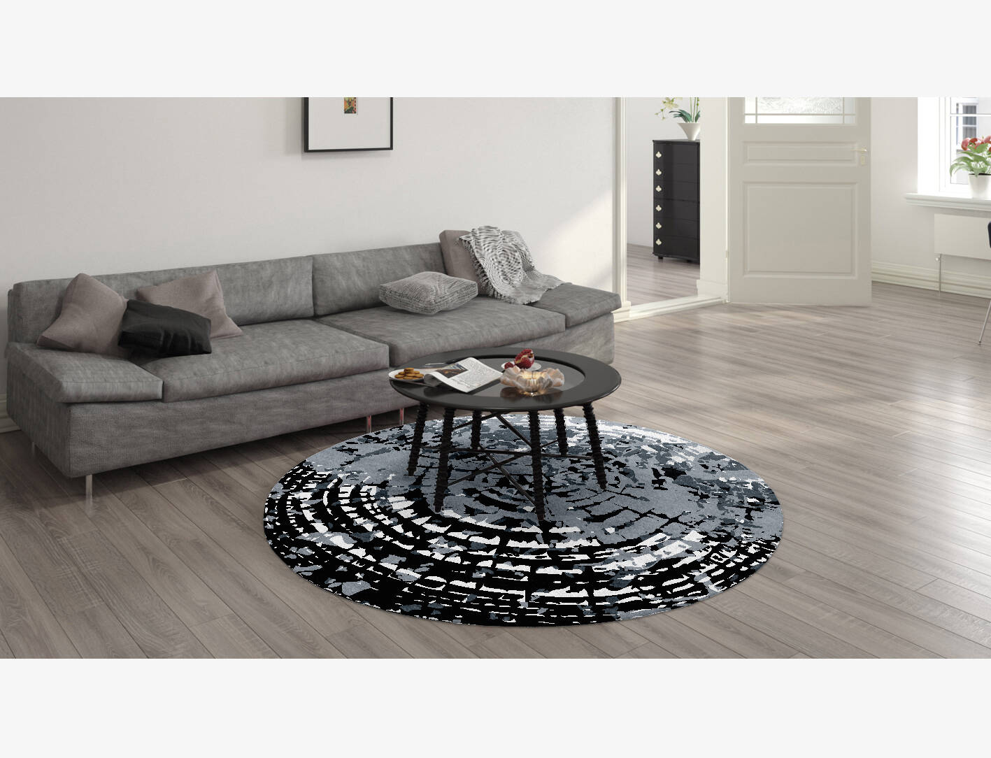 Grey Rings Monochrome Round Hand Knotted Bamboo Silk Custom Rug by Rug Artisan