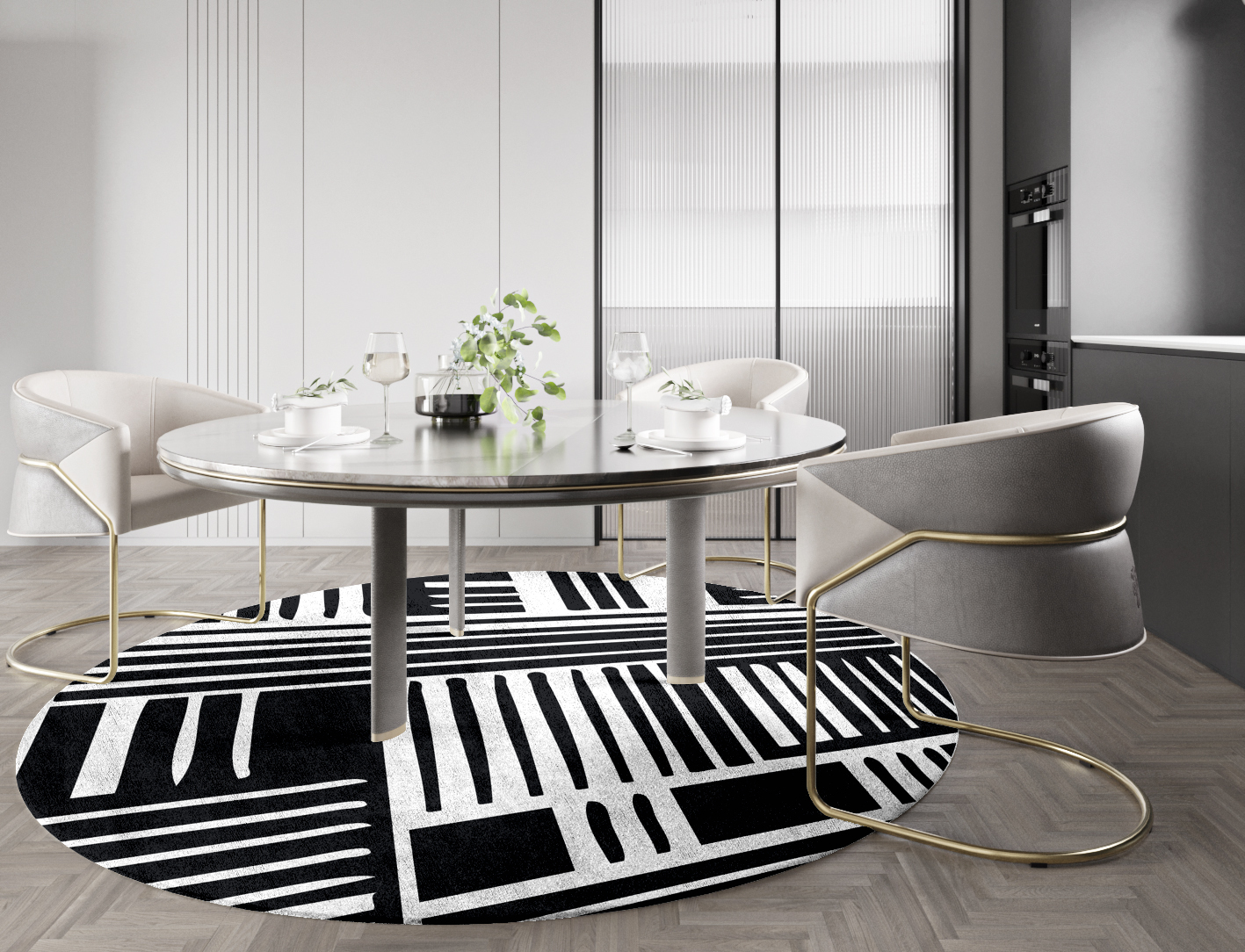 Grey Schema Monochrome Round Hand Tufted Bamboo Silk Custom Rug by Rug Artisan