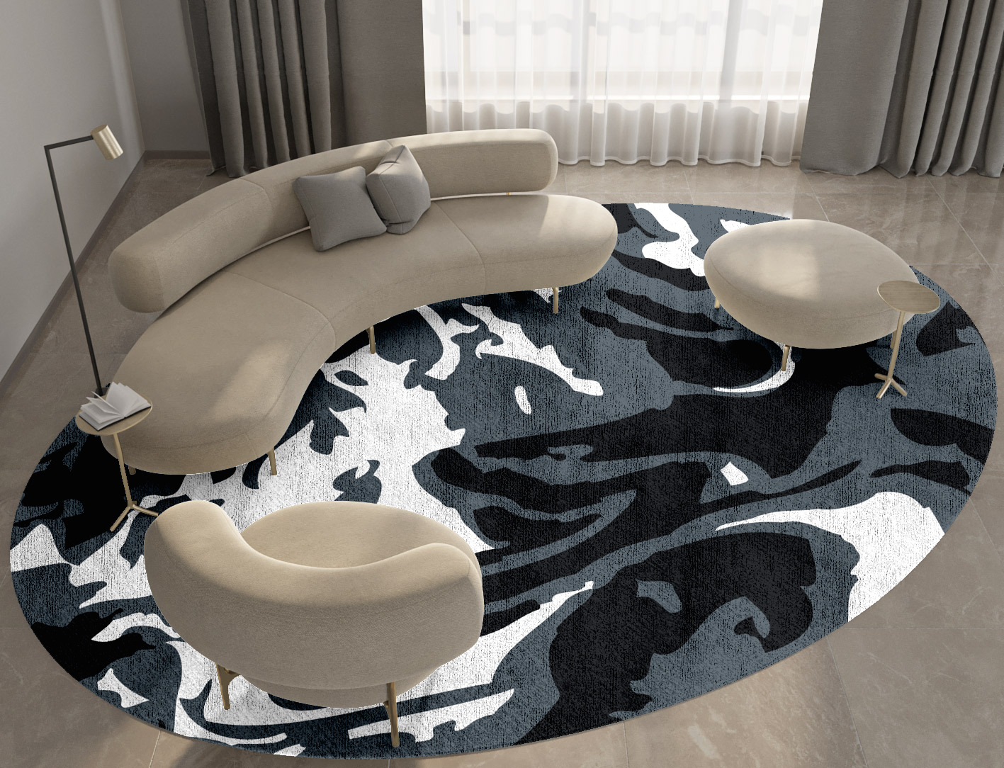 Grey Waters Monochrome Oval Hand Knotted Bamboo Silk Custom Rug by Rug Artisan