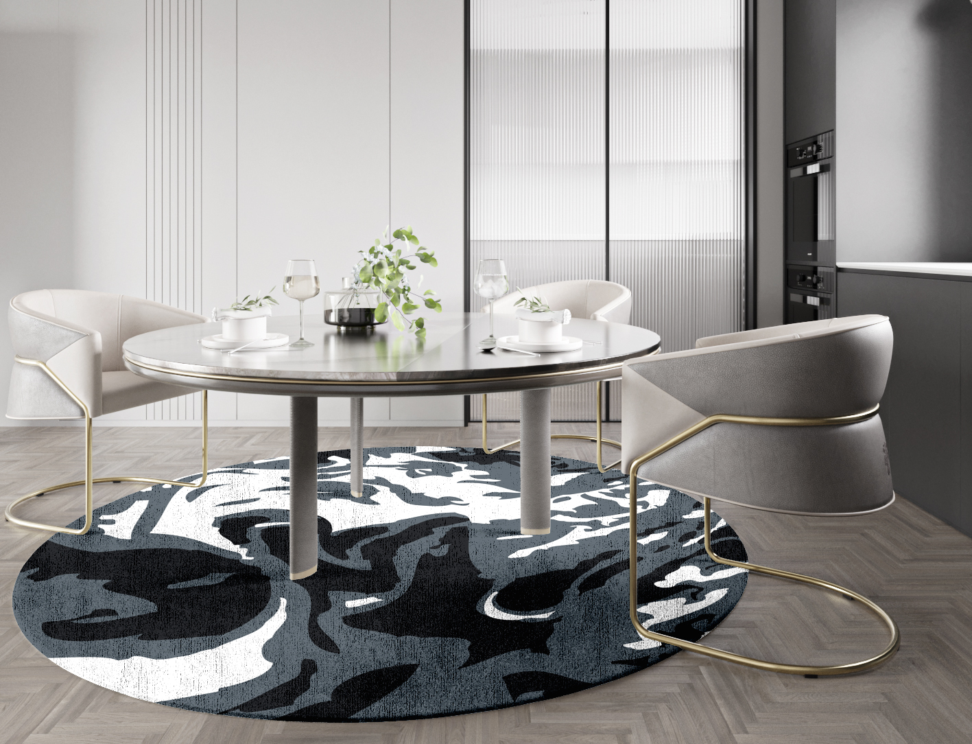 Grey Waters Monochrome Round Hand Knotted Bamboo Silk Custom Rug by Rug Artisan