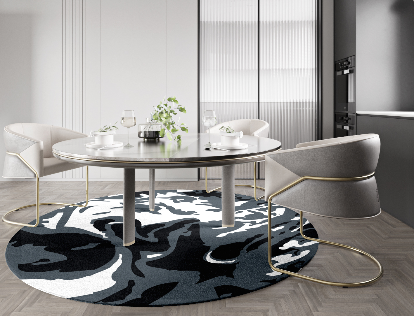 Grey Waters Monochrome Round Hand Knotted Tibetan Wool Custom Rug by Rug Artisan