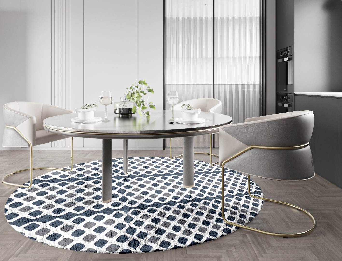 Greyscale Net Monochrome Round Hand Knotted Bamboo Silk Custom Rug by Rug Artisan