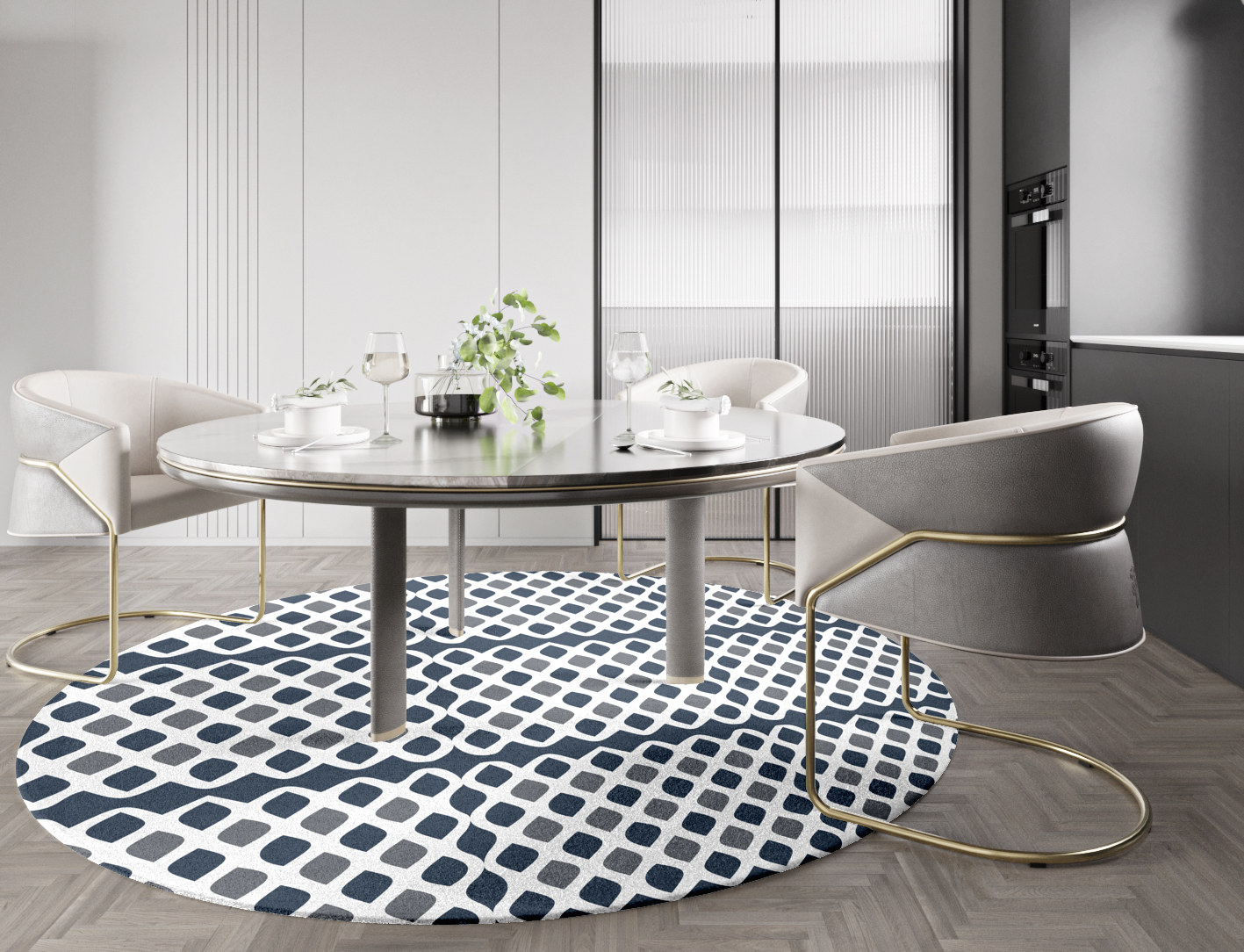 Greyscale Net Monochrome Round Hand Knotted Tibetan Wool Custom Rug by Rug Artisan