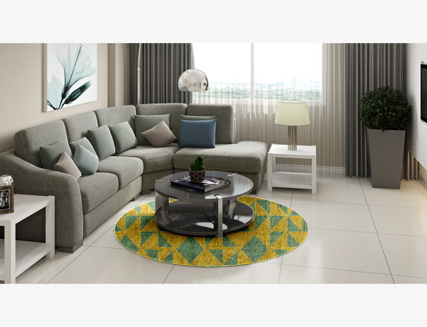 Helios Geometric Round Flatweave Bamboo Silk Custom Rug by Rug Artisan