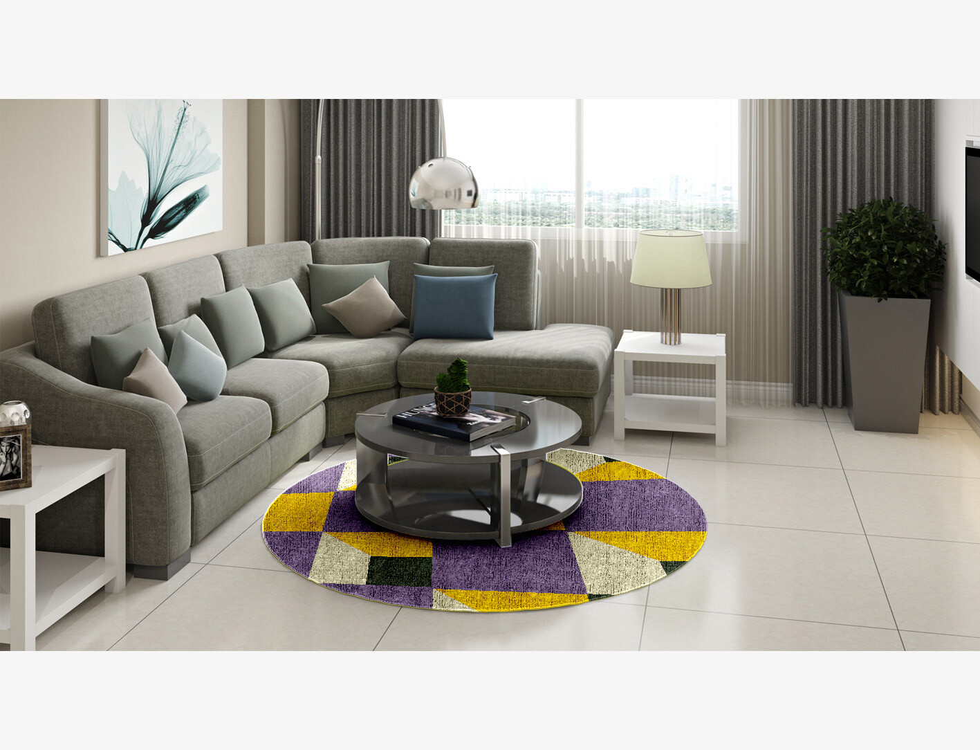 Heliotrope Geometric Round Flatweave Bamboo Silk Custom Rug by Rug Artisan