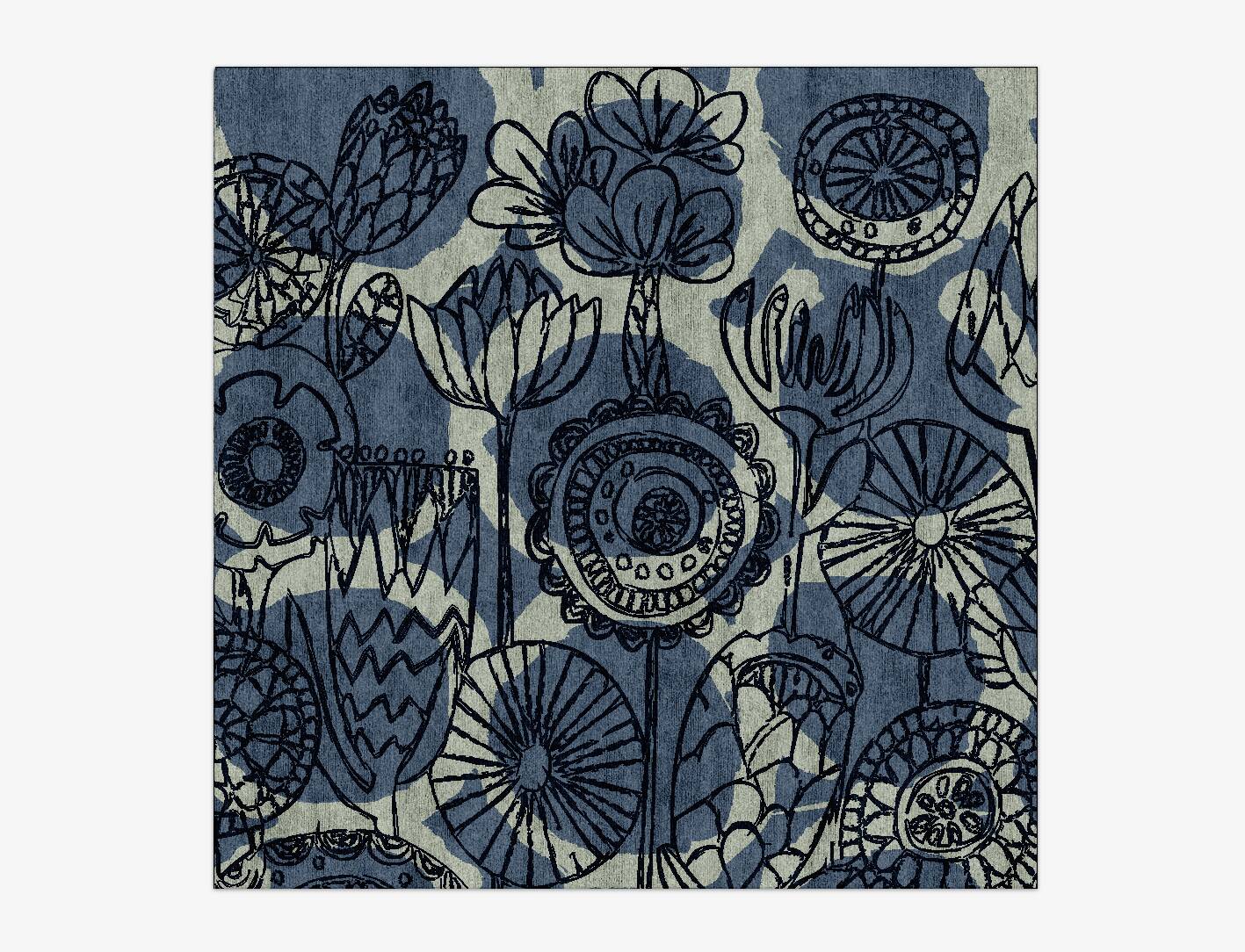 Indigo Floral Square Hand Knotted Bamboo Silk Custom Rug by Rug Artisan