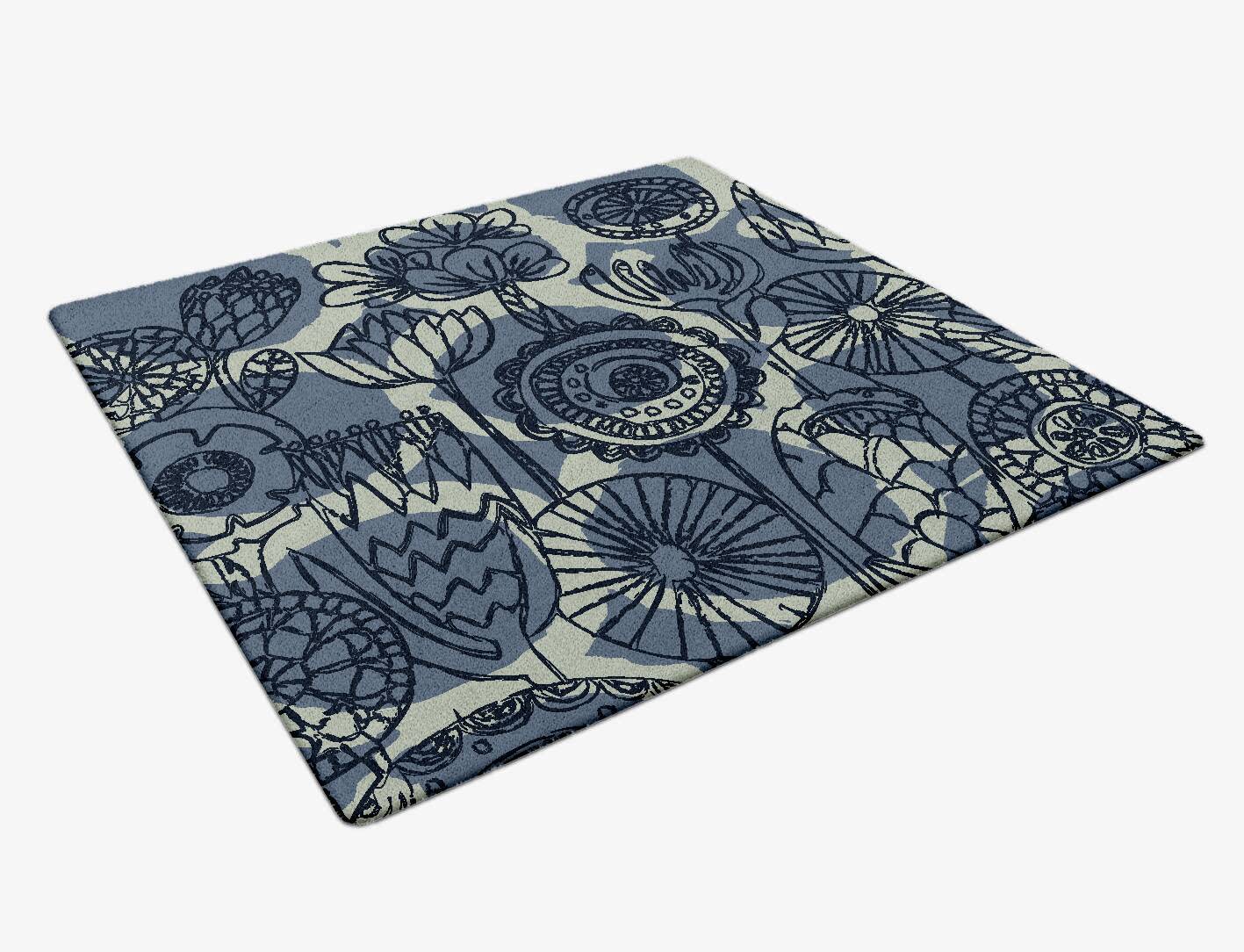 Indigo Floral Square Hand Tufted Pure Wool Custom Rug by Rug Artisan