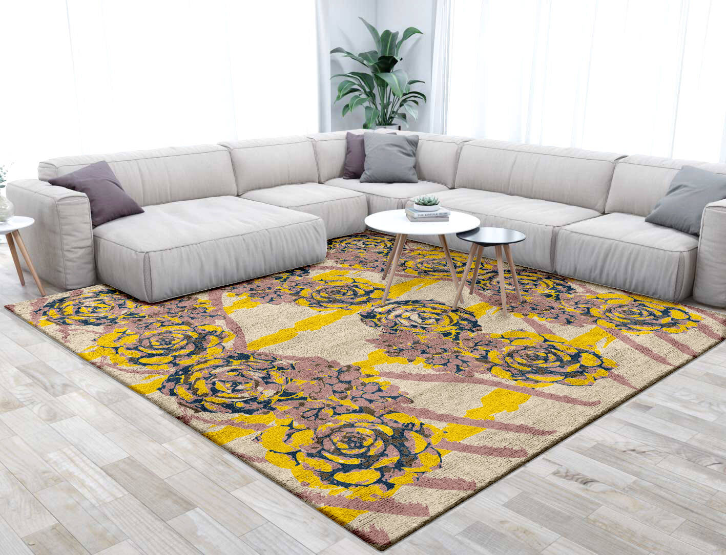 Intaglio Floral Square Hand Tufted Bamboo Silk Custom Rug by Rug Artisan