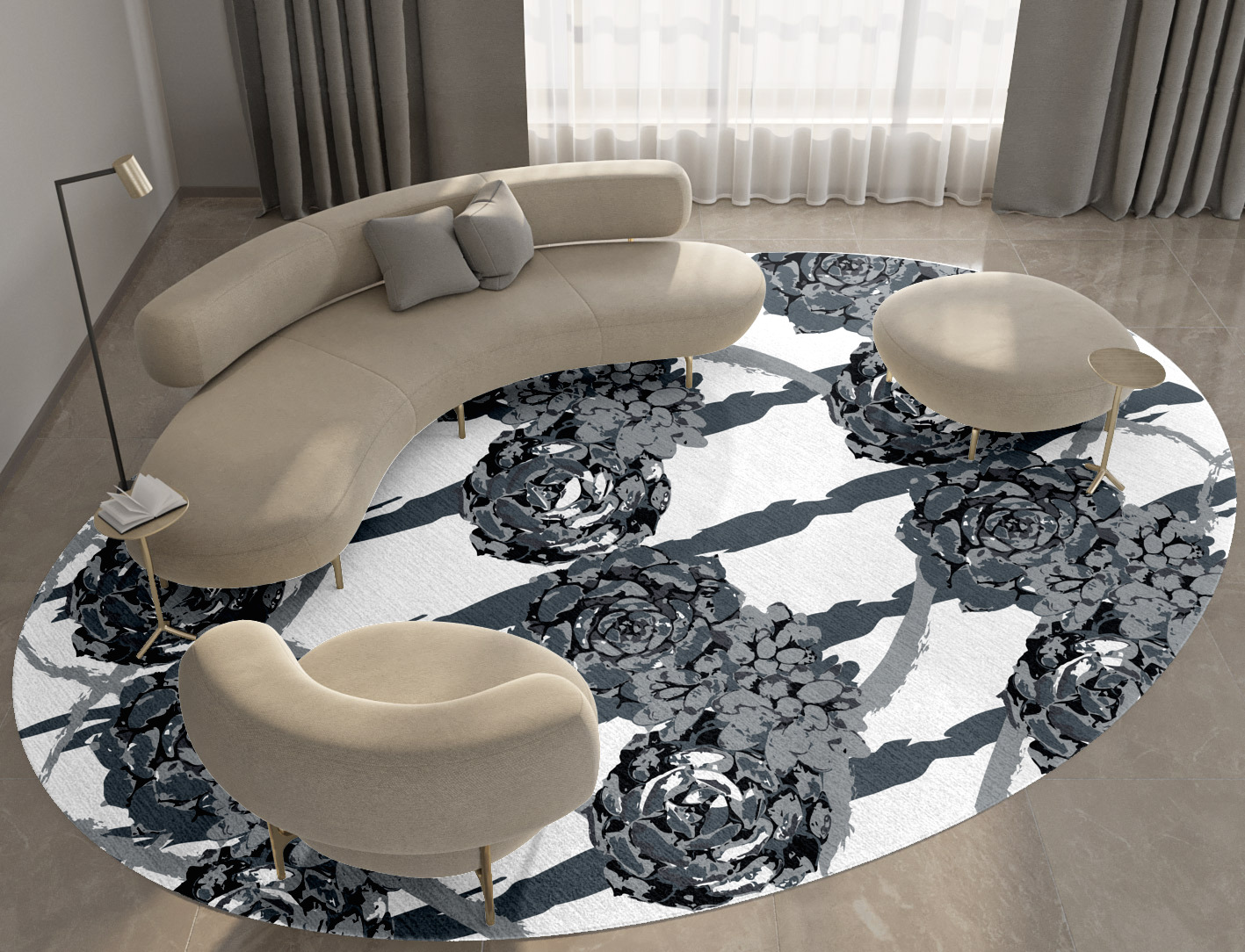 Intaglio Grey Monochrome Oval Hand Knotted Tibetan Wool Custom Rug by Rug Artisan