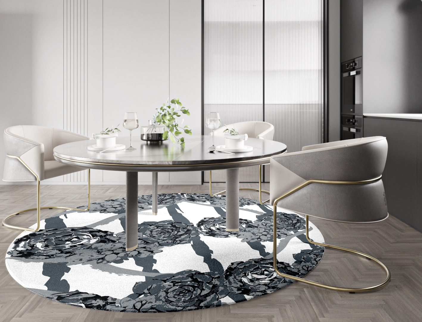 Intaglio Grey Monochrome Round Hand Knotted Tibetan Wool Custom Rug by Rug Artisan