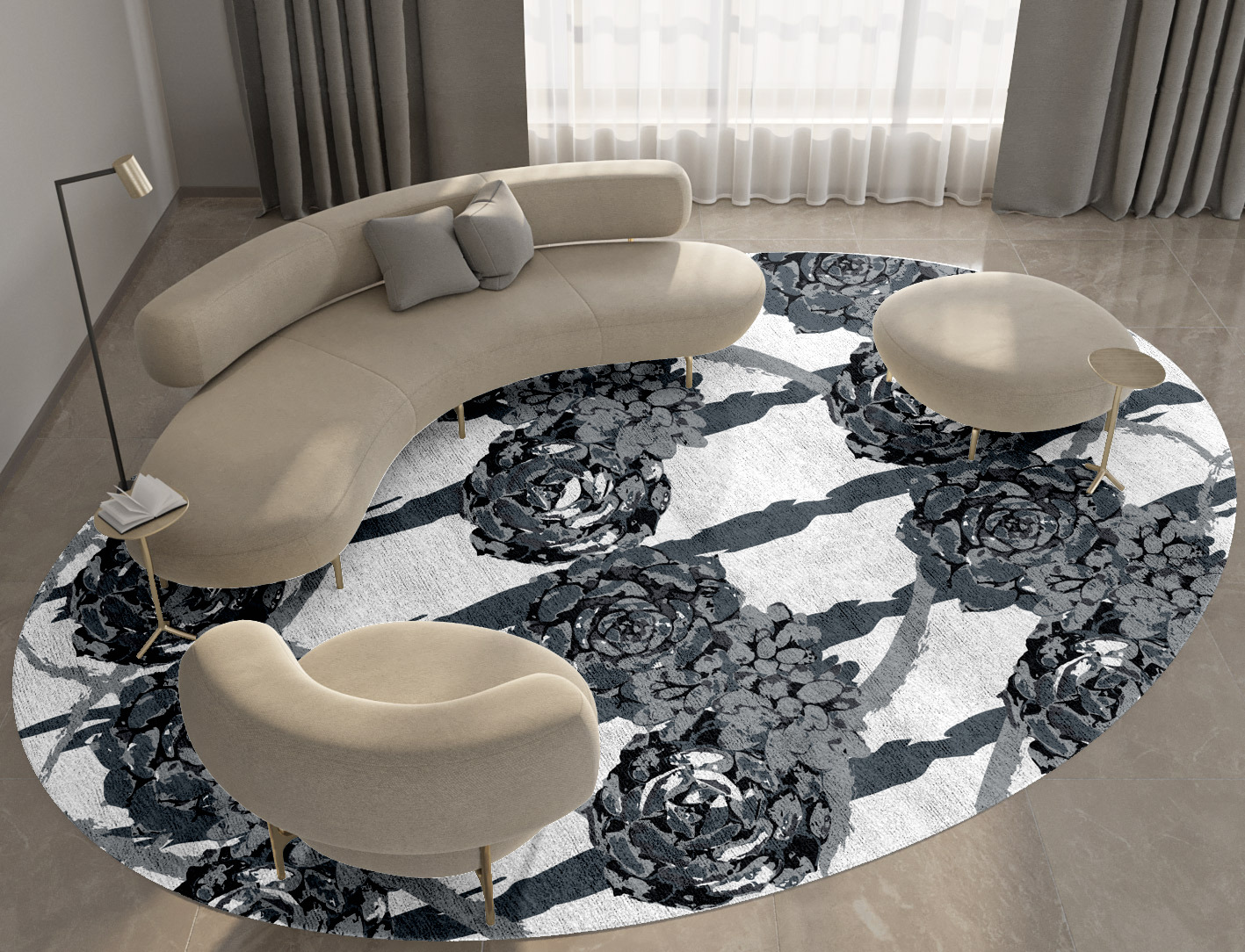 Intaglio Grey Monochrome Oval Hand Tufted Bamboo Silk Custom Rug by Rug Artisan