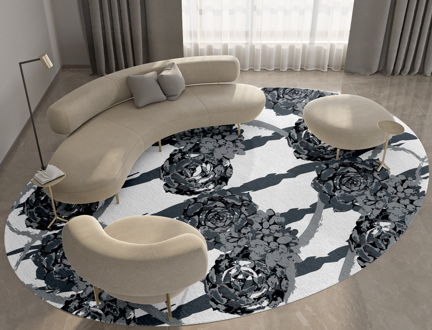 Intaglio Grey Monochrome Oval Hand Tufted Pure Wool Custom Rug by Rug Artisan