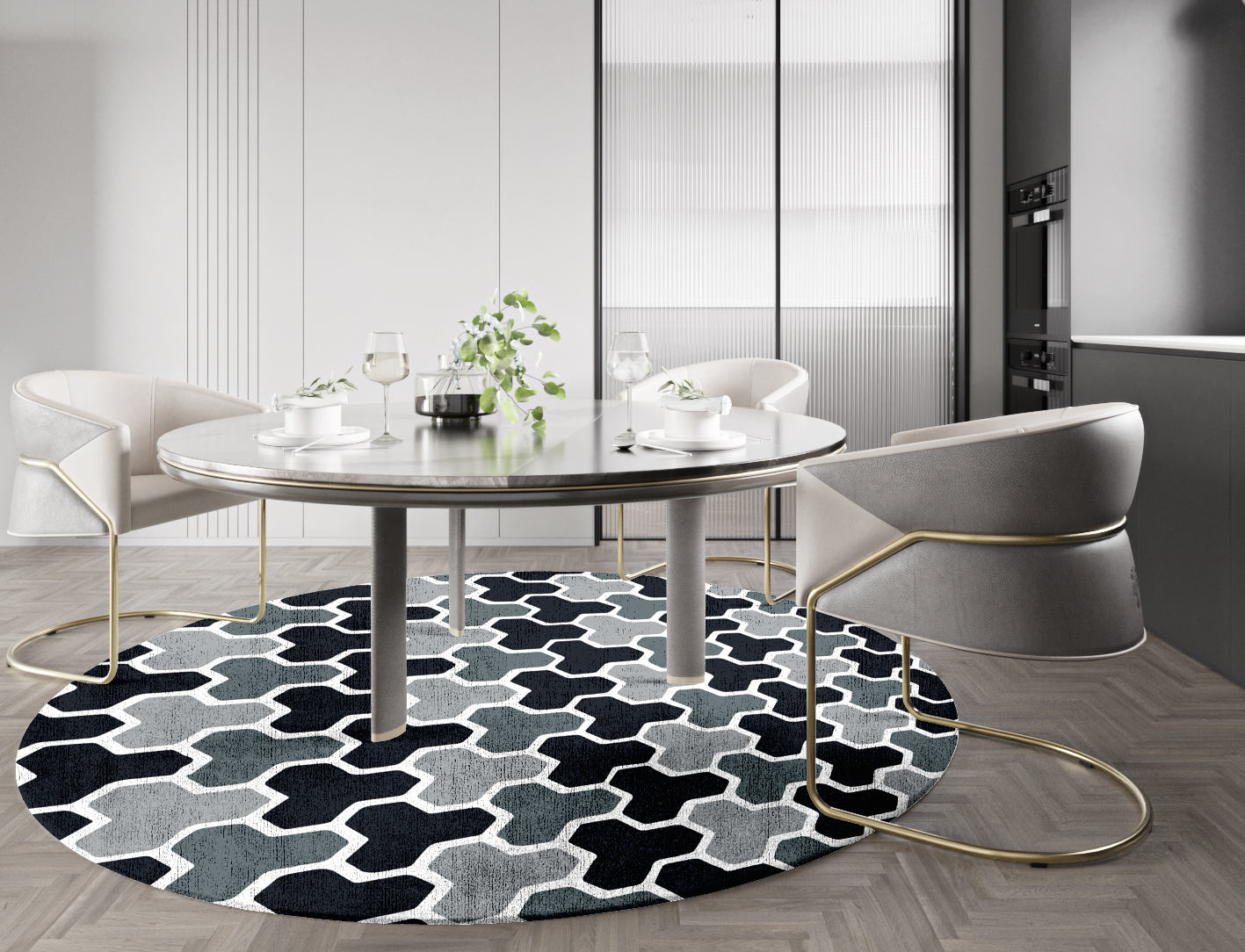 Interlocks Monochrome Round Hand Knotted Bamboo Silk Custom Rug by Rug Artisan